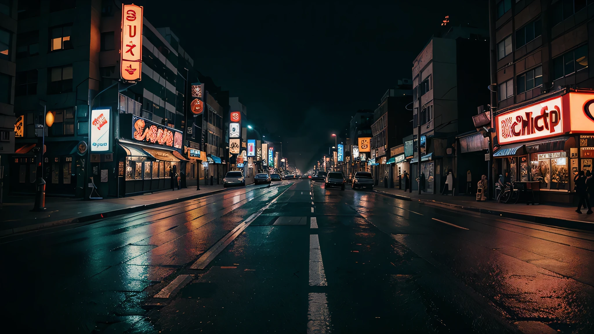 cyberpunk, night city, neon signs and tall buildings everywhere, bright acid colors, smoke, wet asphalt, people are in a hurry to get somewhere