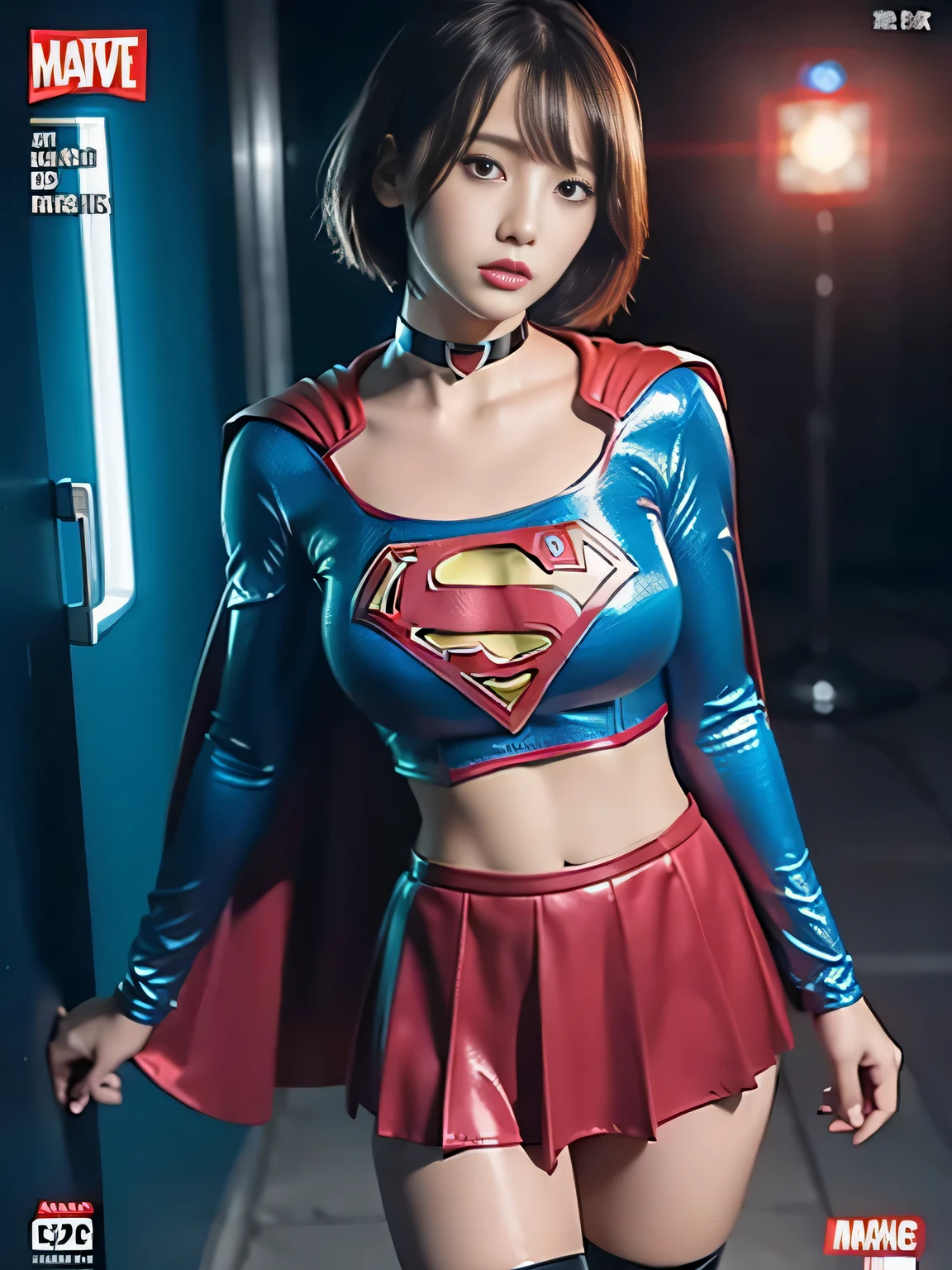 masterpiece、Shorthair Supergirl、Crisis situation、big and full breasts、look at the camera、shiny costume、choker、red mini skirt、long sleeve、manga cover、obscene、seductive pose、provocative、sensational、