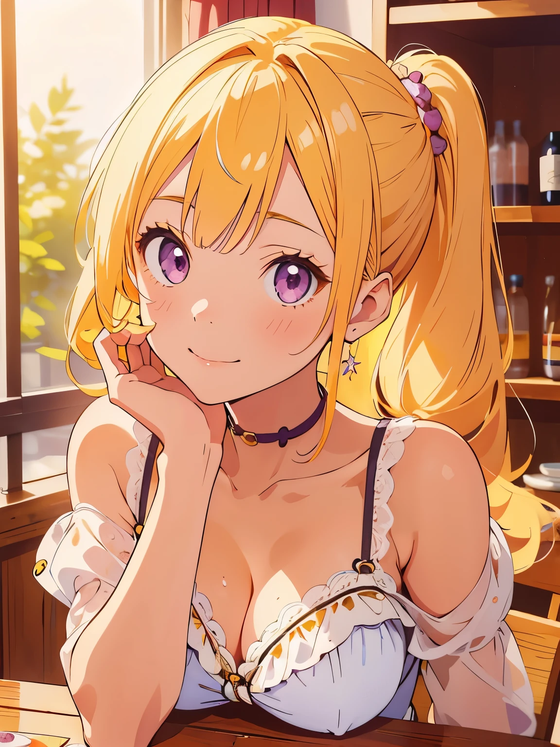 (highest quality,table top:1.2),1 girl,cute style,adorable,highly detailed eyes,highly detailed face,purple eyes,yellow hair,very fine hair,8k,Idol,yellow one piece,