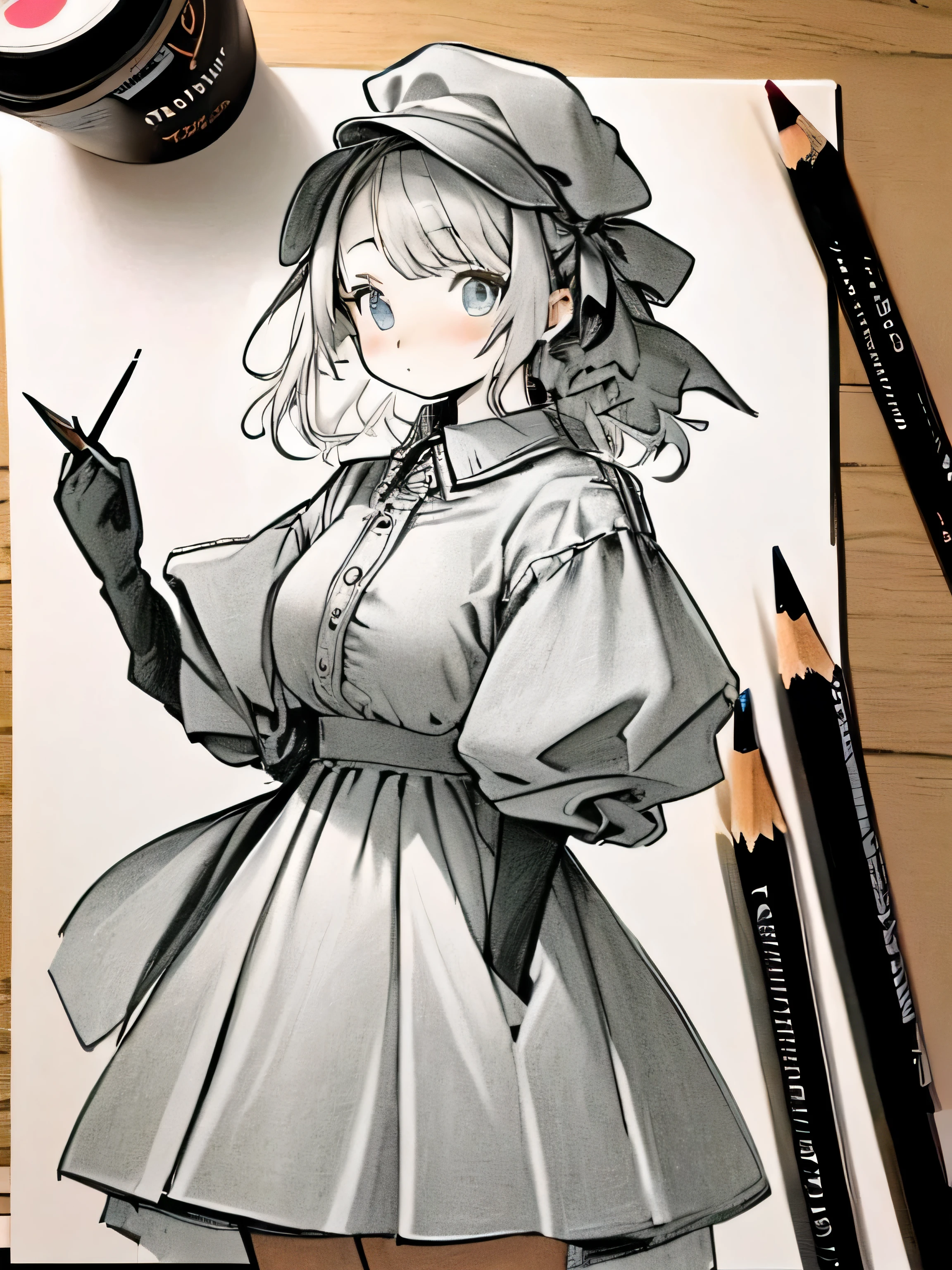 masterpiece,high quality,美しい壁paper,16k,photo taken,sketch, ひだまりsketch,((paper)),paperを持ってください,((paperに制服のを描く)),pencil,