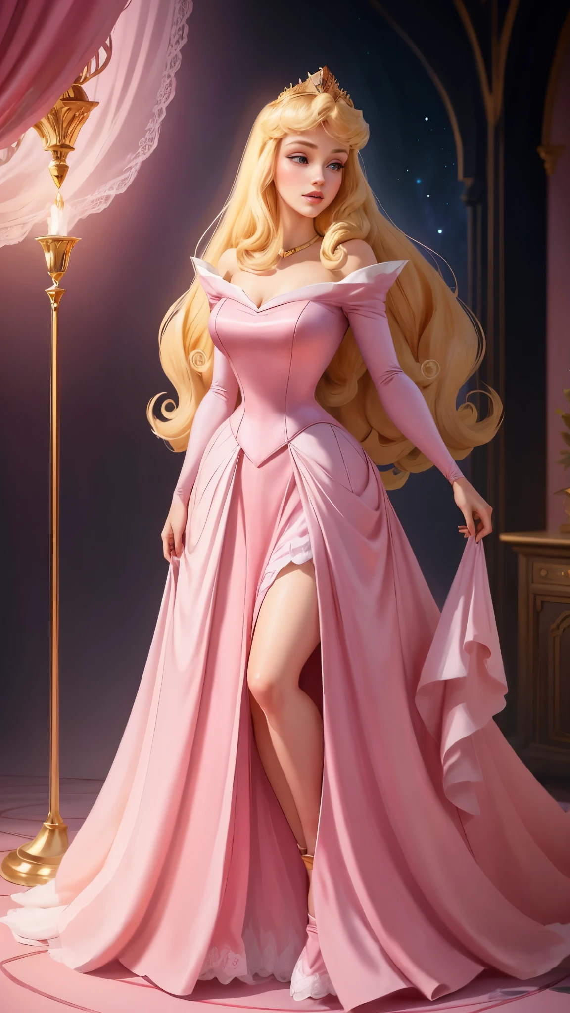 ((1 girl)), Masterpiece, (high quality, best render), (beautiful girl, aurora), (bomb, pin-up style), hot, floss, perfect body, 4k hd, disney princess, beautiful female princess, anime princess, hd artwork, official art, disney cartoon, beautiful princess, long thin legs, large breasts, sexy pose, a cartoon princess in a pink dress with a white crown, aurora, disney's princess, sleeping beauty fairytale, blonde - haired princess, disney princess, disney character, princess, princess peach), lovely languid princess, disney character style, princess peach, wearing a pink ballroom gown, beautiful princess, ballroom background 