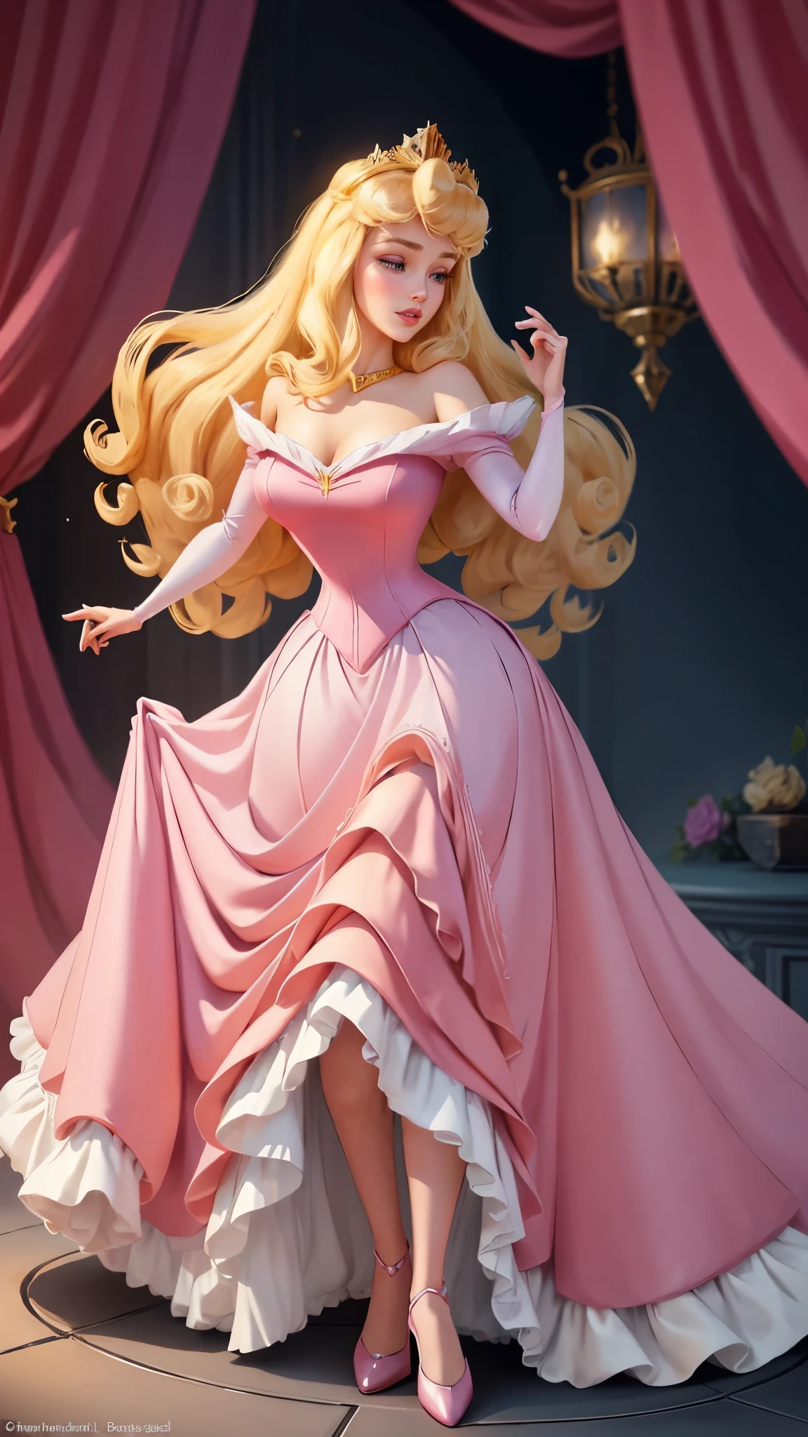 ((1 girl)), Masterpiece, (high quality, best render), (beautiful girl, aurora), (bomb, pin-up style), hot, floss, perfect body, 4k hd, disney princess, beautiful female princess, anime princess, hd artwork, official art, disney cartoon, beautiful princess, long thin legs, large breasts, sexy pose, a cartoon princess in a pink dress with a white crown, aurora, disney's princess, sleeping beauty fairytale, blonde - haired princess, disney princess, disney character, princess, princess peach), lovely languid princess, disney character style, princess peach, wearing a pink ballroom gown, beautiful princess, ballroom background 