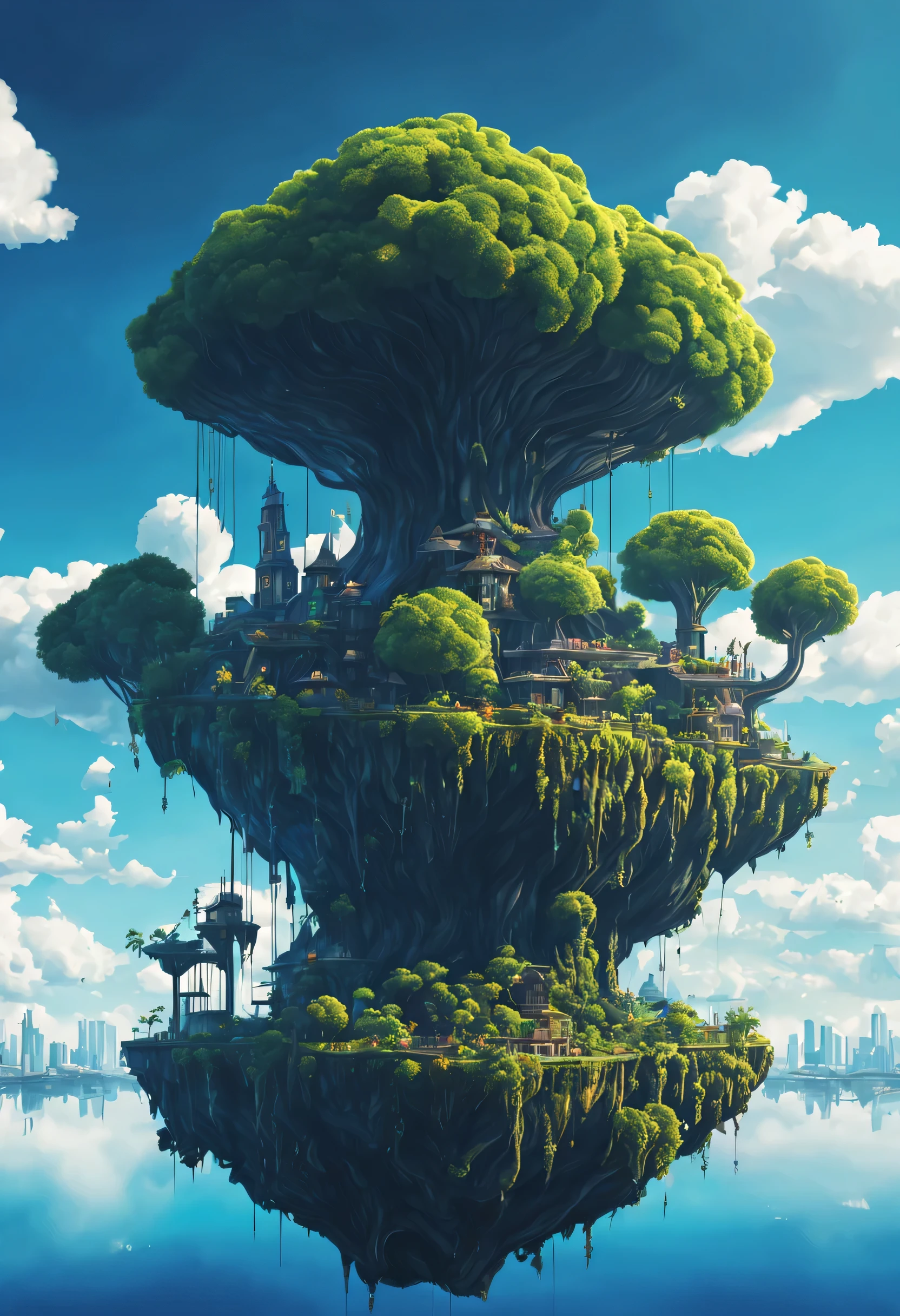 Sinister futuristic floating island suspended in the air, cities, fantasy, (villain hideout), (kawaii), cute, cute, anime style, technological, dark, funny, magical plant growth, extreme details, realistic light, blue sky, epic composition, (complex details), (complex design, ultra-details: 1.2), Art Station, (masterpiece, best quality), Ultra HD, 32k --v 6