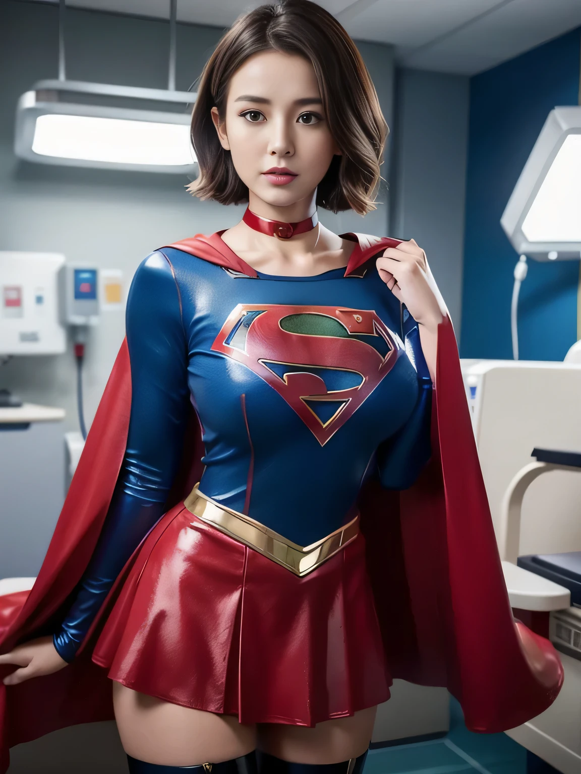 masterpiece,Short-haired Supergirl shows off her thighs on the hospital operating table、Crisis situation、big and full breasts、look at the camera、shiny enamel costume、Gorgeous red enamel long boots、shiny red skirt、choker、long sleeve、Fluttering cloak、seductive gesture、sexy pose、