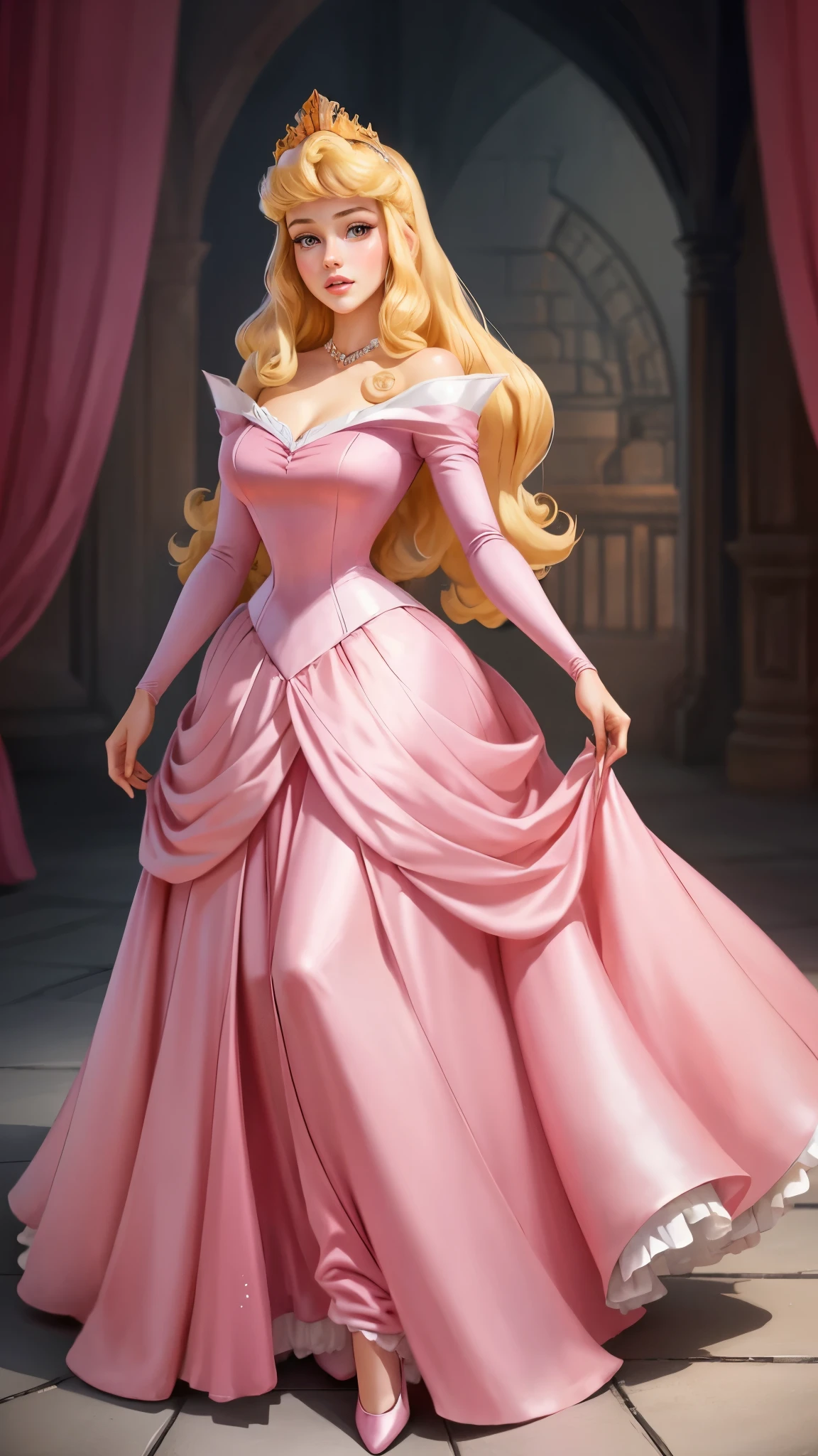 ((1 girl)), Masterpiece, (high quality, best render), (beautiful girl, aurora), (bomb, pin-up style), hot, floss, perfect body, 4k hd, disney princess, beautiful female princess, anime princess, hd artwork, official art, disney cartoon, beautiful princess, long thin legs, large breasts, sexy pose, a cartoon princess in a pink dress with a white crown, aurora, disney's princess, sleeping beauty fairytale, blonde - haired princess, disney princess, disney character, princess, princess peach), lovely languid princess, disney character style, princess peach, wearing a pink ballroom gown, beautiful princess, ballroom background 