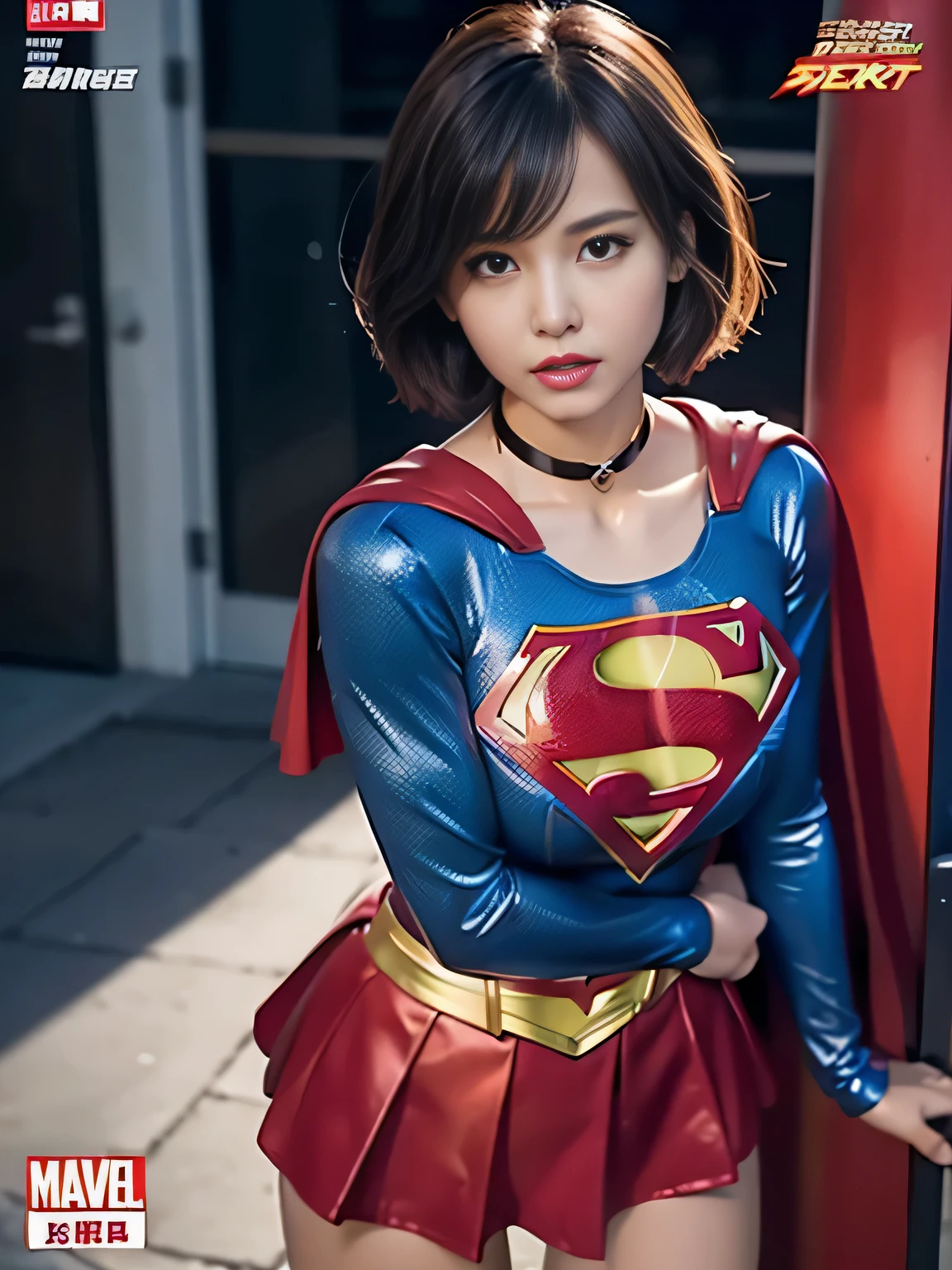 masterpiece、Shorthair Supergirl、Crisis situation、big and full 、look at the camera、shiny costume、choker、red mini skirt、long sleeve、manga cover、obscene、seductive pose、provocative、sensational、