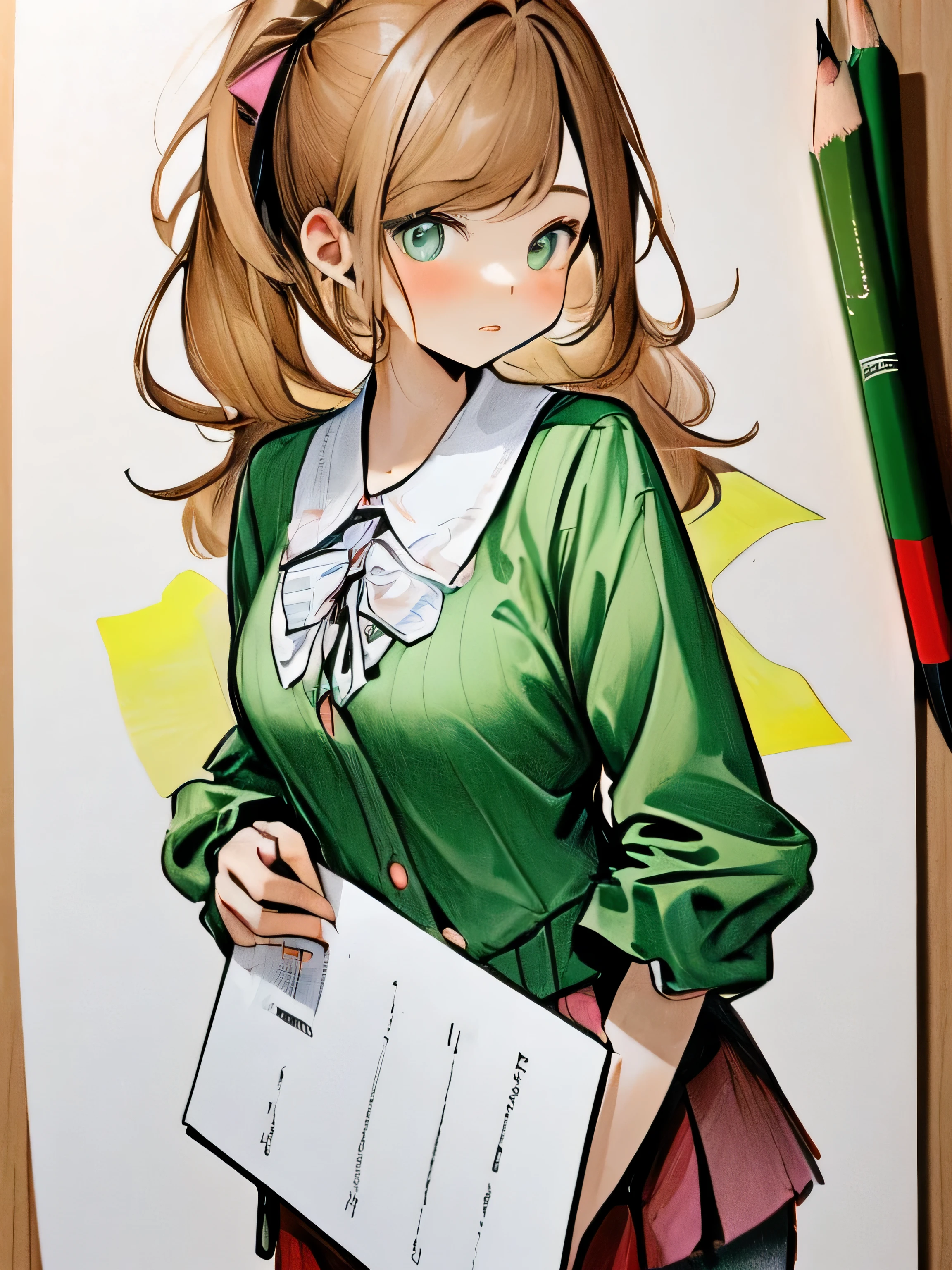masterpiece,high quality,美しい壁paper,16k,photo taken,sketch, ひだまりsketch,((paper)),paperを持ってください,((paperに制服のを描く)),pencil,