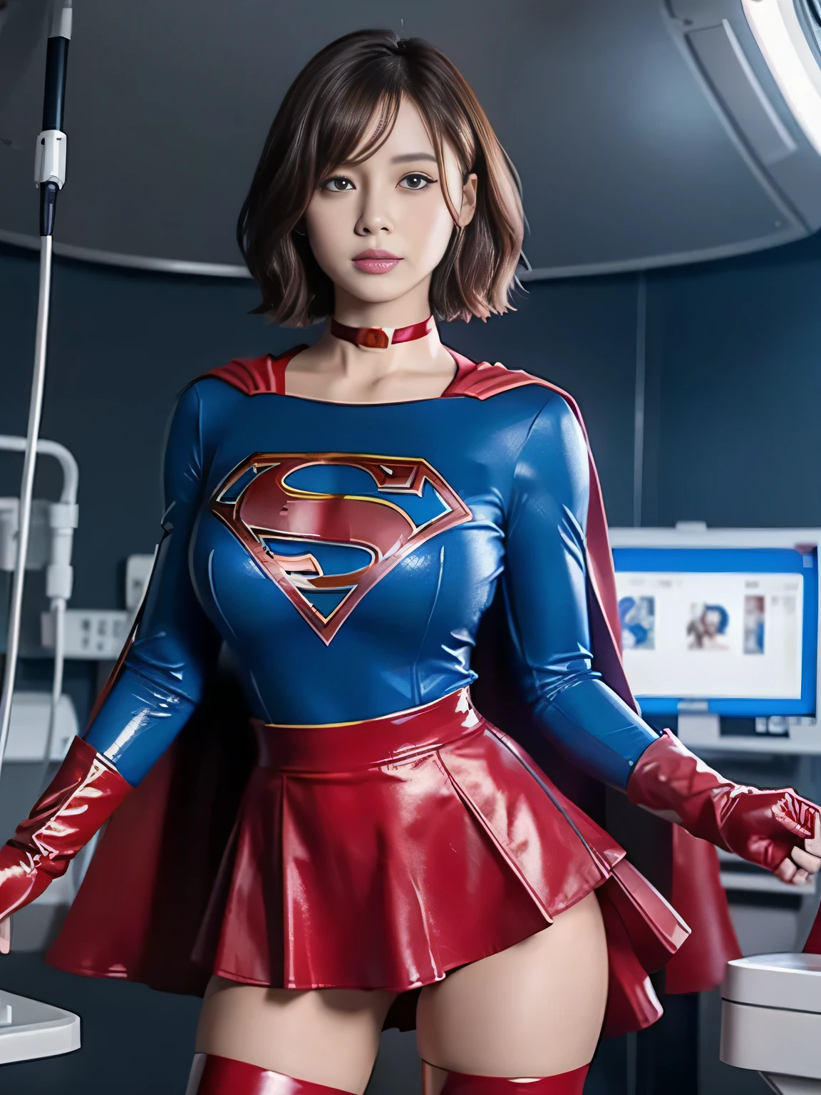 masterpiece,Short-haired Supergirl shows off her thighs on the hospital operating table、Crisis situation、big and full breasts、look at the camera、shiny enamel costume、Gorgeous red enamel long boots、shiny red skirt、choker、long sleeve、Fluttering cloak、seductive gesture、sexy pose、