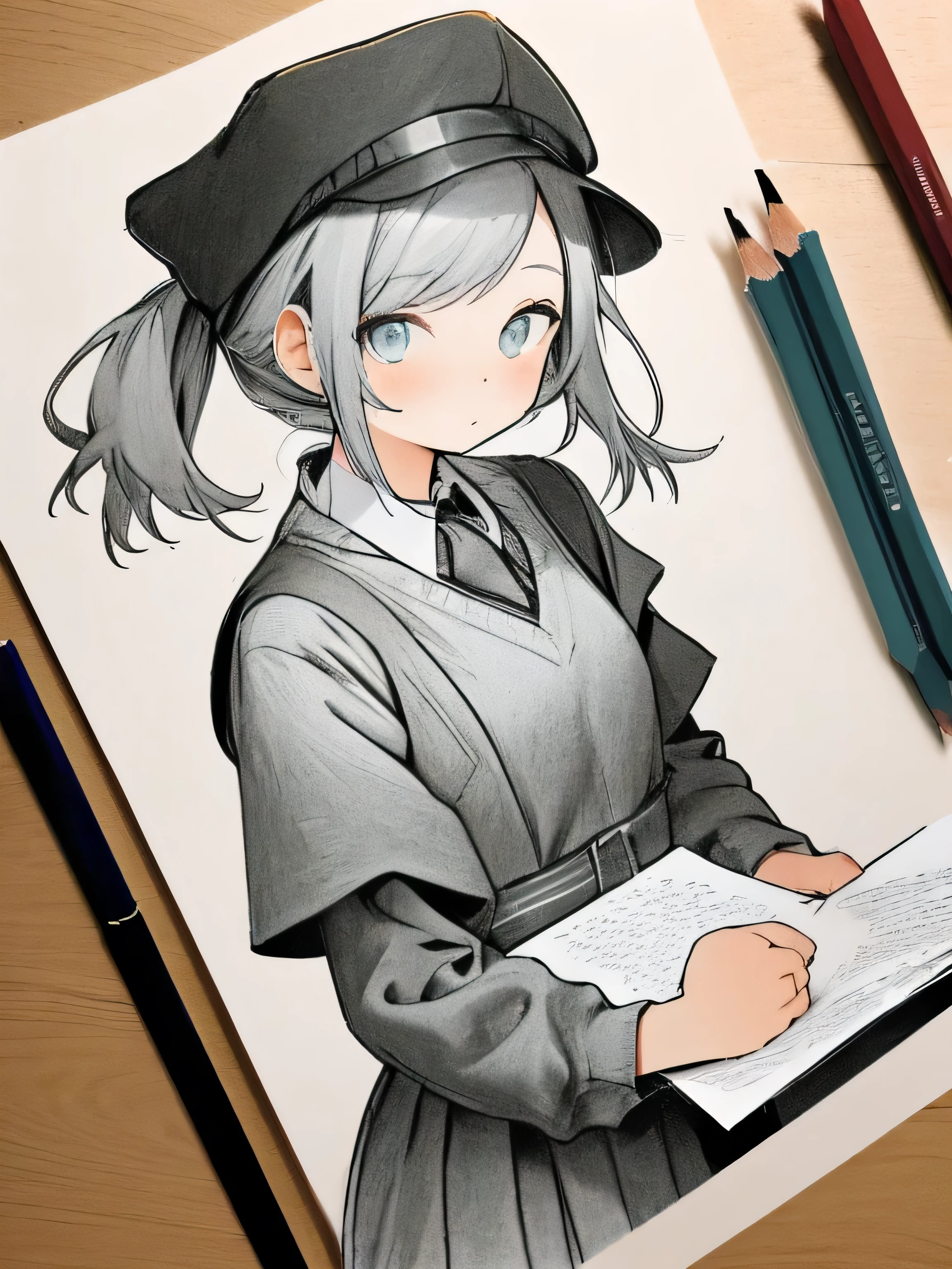 masterpiece,high quality,美しい壁paper,16k,photo taken,sketch, ひだまりsketch,((paper)),paperを持ってください,((paperに制服のを描く)),pencil,