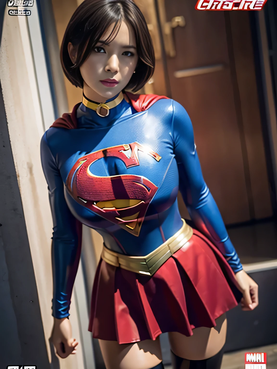 masterpiece、Shorthair Supergirl、Crisis situation、big and full breasts、look at the camera、shiny costume、choker、red mini skirt、long sleeve、manga cover、obscene、seductive pose、provocative、sensational、