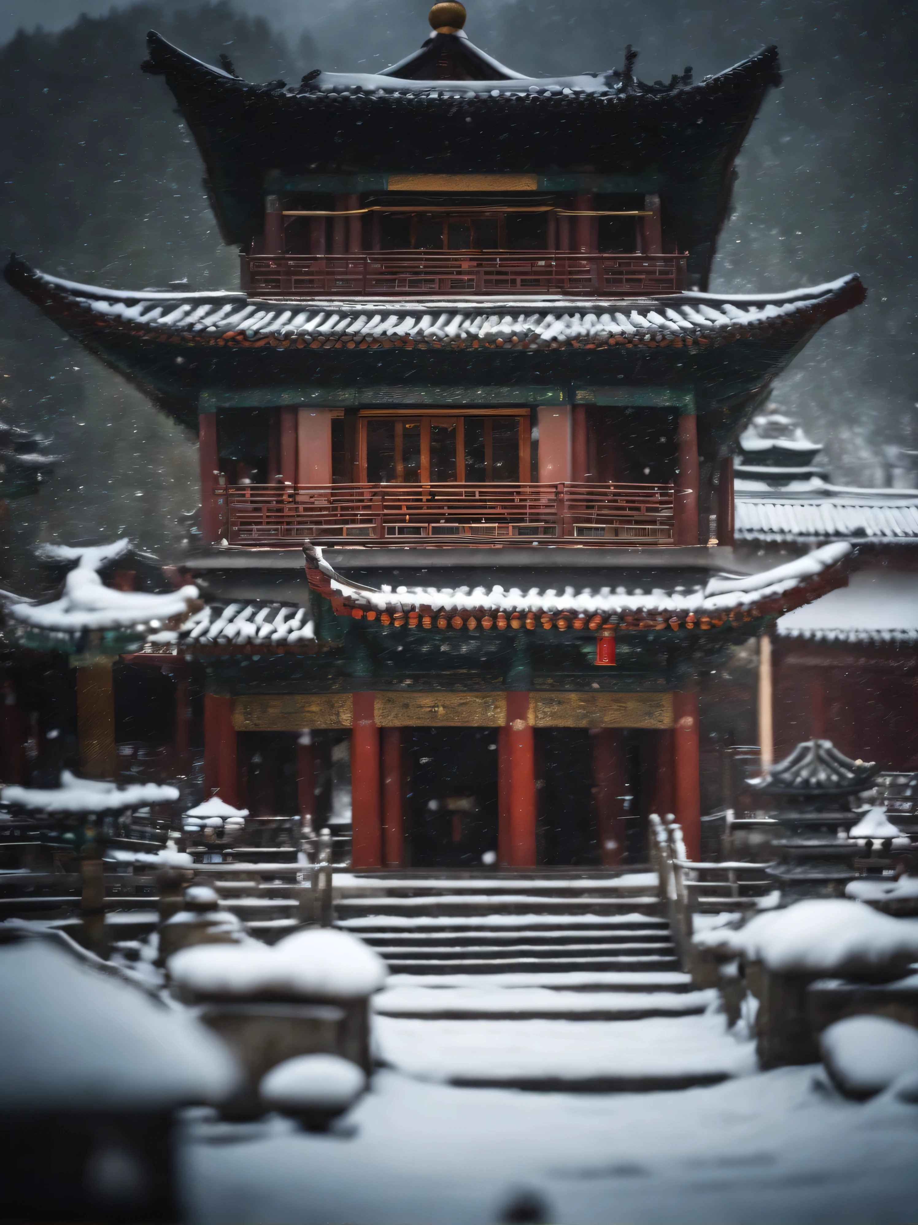 in the snow,, Dream China Town, 4 0 9 6, during snowfall, Zen temple background, Chinese scenery, soft focus matte, 24mm tilt, Lengxue, tilt shift focus, a tilt shift photo, Tilt shift background, Pagoda on the mountain, Taoism