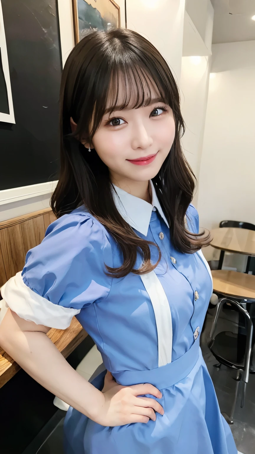 (((masterpiece, ultra high res, 8k))),((best quality, high quality)) (ultra-detailed small face),(convenient censoring, extremely detailed thick line drawing, )

BREAK,
She's dressed in a light blue waitress outfit and laughing, Super mini skirt,

Inside a restaurant with a cute atmosphere