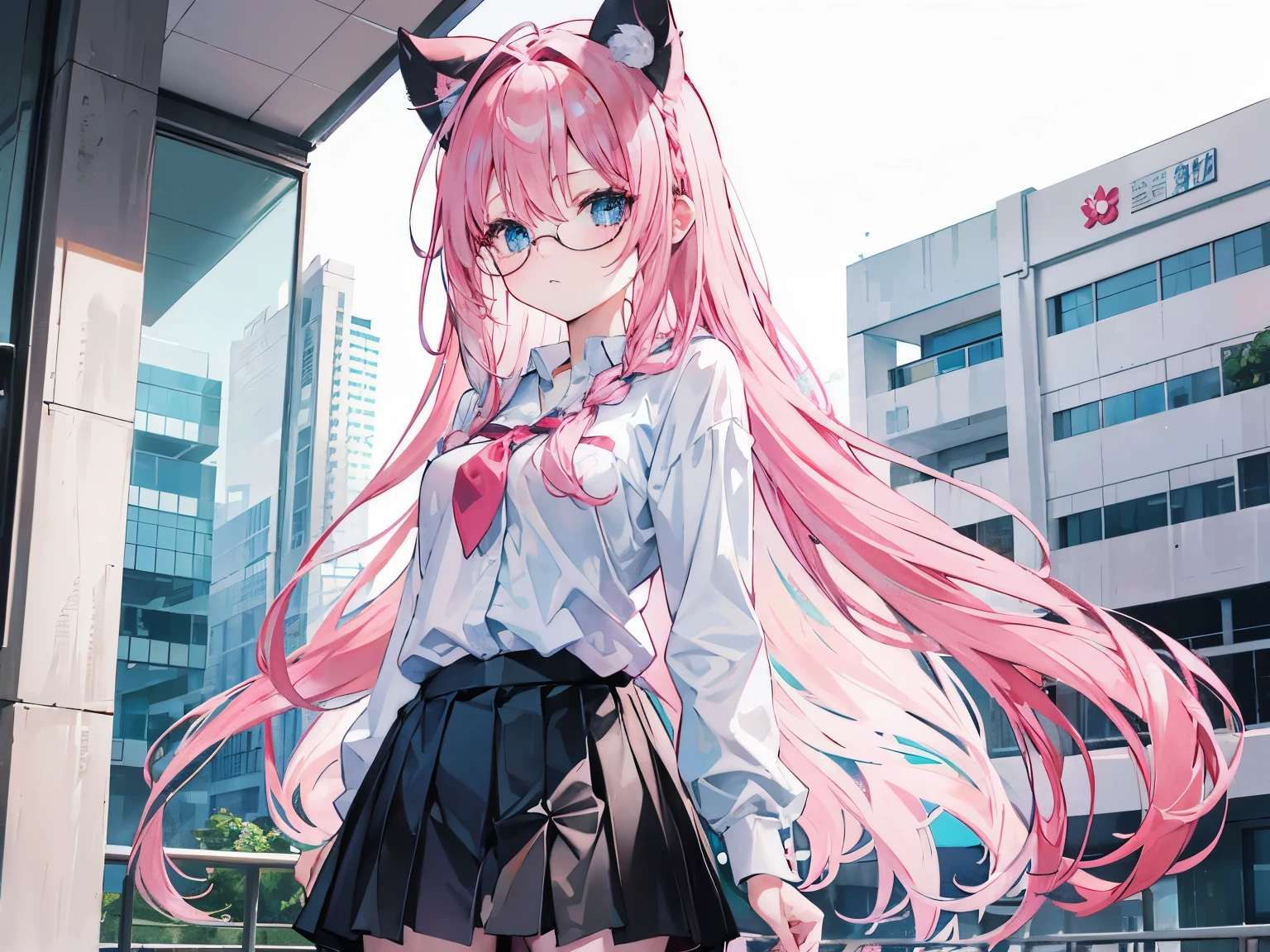 pink haired girl, 25 years old,  body, light blue eyes, long hair,Green braid tied in bows left and right....wear glasses........small breasts, Wear a white shirt.. Wear a black miniskirt.. From America...Wear a black bra..,(shy).....The background is school.