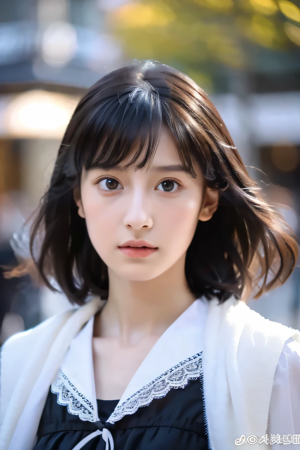 8k、High resolution、B girl fashion、beautiful girl、slender body、young、colorful costumes、white skin,narrow eyes,high nose,lighting that illuminates the face、clear image、intellectual beauty、Eyes staring straight ahead、skinny、no makeup、Black Lace Costume、short hair、anxious look、close-up image、When the light hits your face, clearly visible,Shopping mall、wear fur,shining hair、