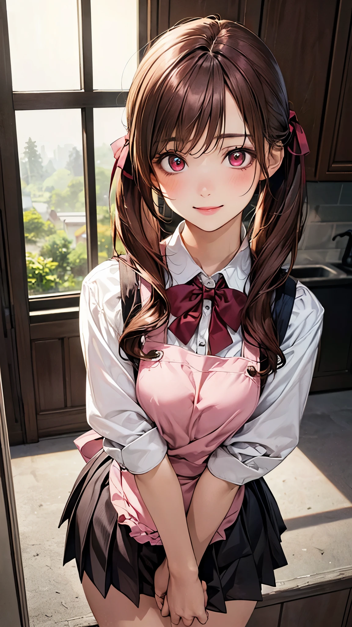 (masterpiece:1.2, top-quality), (realistic, photorealistic:1.4), beautiful illustration, (natural side lighting, movie lighting), nsfw, 
looking at viewer, (face focus, upper body), 1 girl, japanese, high school girl, perfect face, cute and symmetrical face, shiny skin, 
(long hair:1.5, twintails:1.4, dark brown hair), asymmetrical bangs, dark red eyes, glowing eyes, big eyes, drooping eyes, long eye lasher, (medium breasts), slender, dark red hair ribbon, 
beautiful hair, beautiful face, beautiful detailed eyes, beautiful clavicle, beautiful body, beautiful chest, beautiful thigh, beautiful legs, beautiful fingers, 
((pink ruffled apron, white collared shirts, dark red pleated mini skirt), dark red bow tie), 
(beautiful scenery), evening, (kitchen room), standing, arms behind head, (lovely smile, upper eyes),
