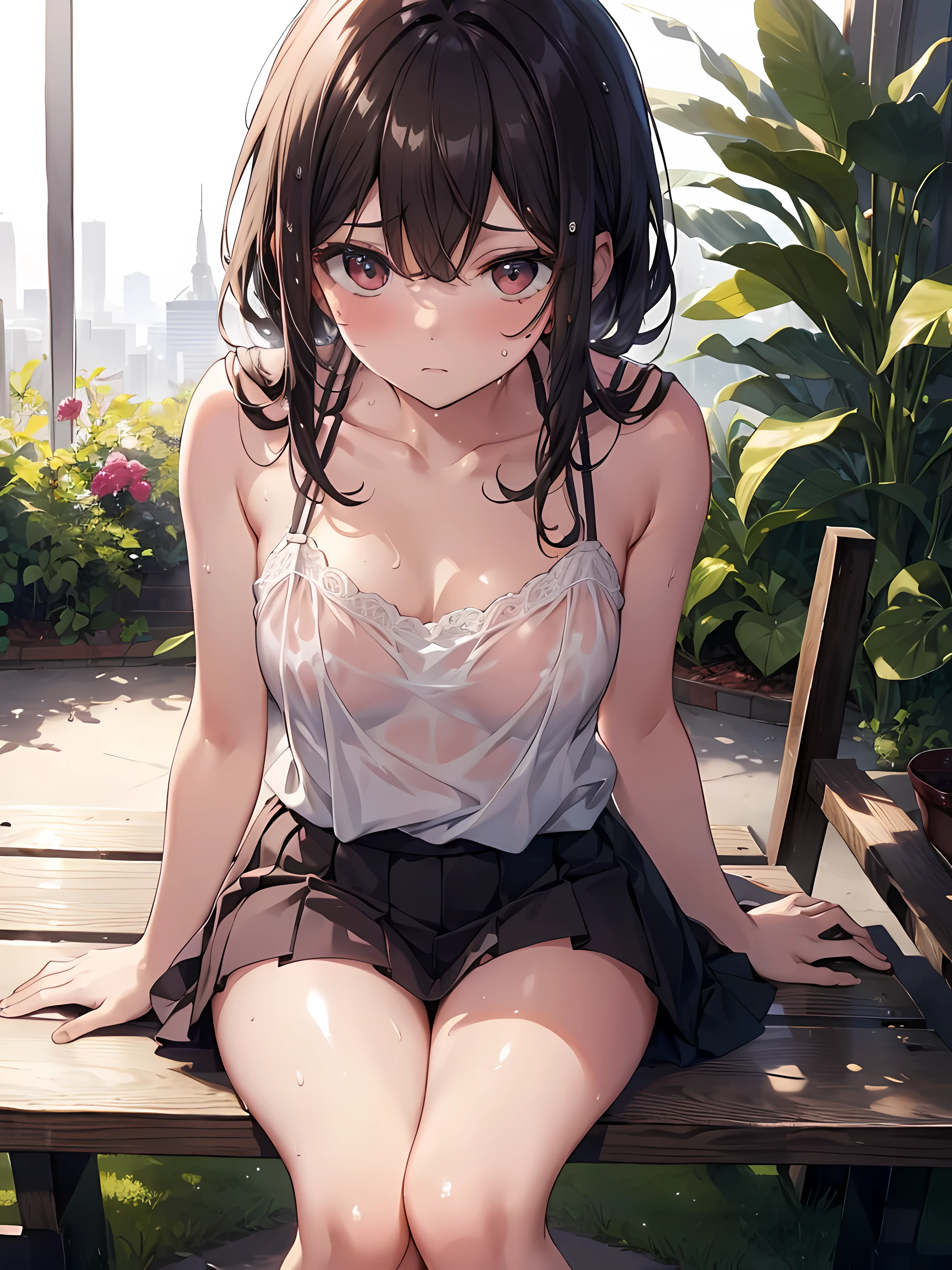camisole, espadrilles, a miniskirt, masterpiece, top-quality, hyper-detailing, (glossy skin, be sweaty:1.4), absurderes, looking at the camera, a dark-haired, brown-eyed, a slender, high resolution, depth of fields, a detailed eyes, sharp eyes, (:1.6), (thighs:1.0), sitting on a bench, sky, beautiful sunlight
