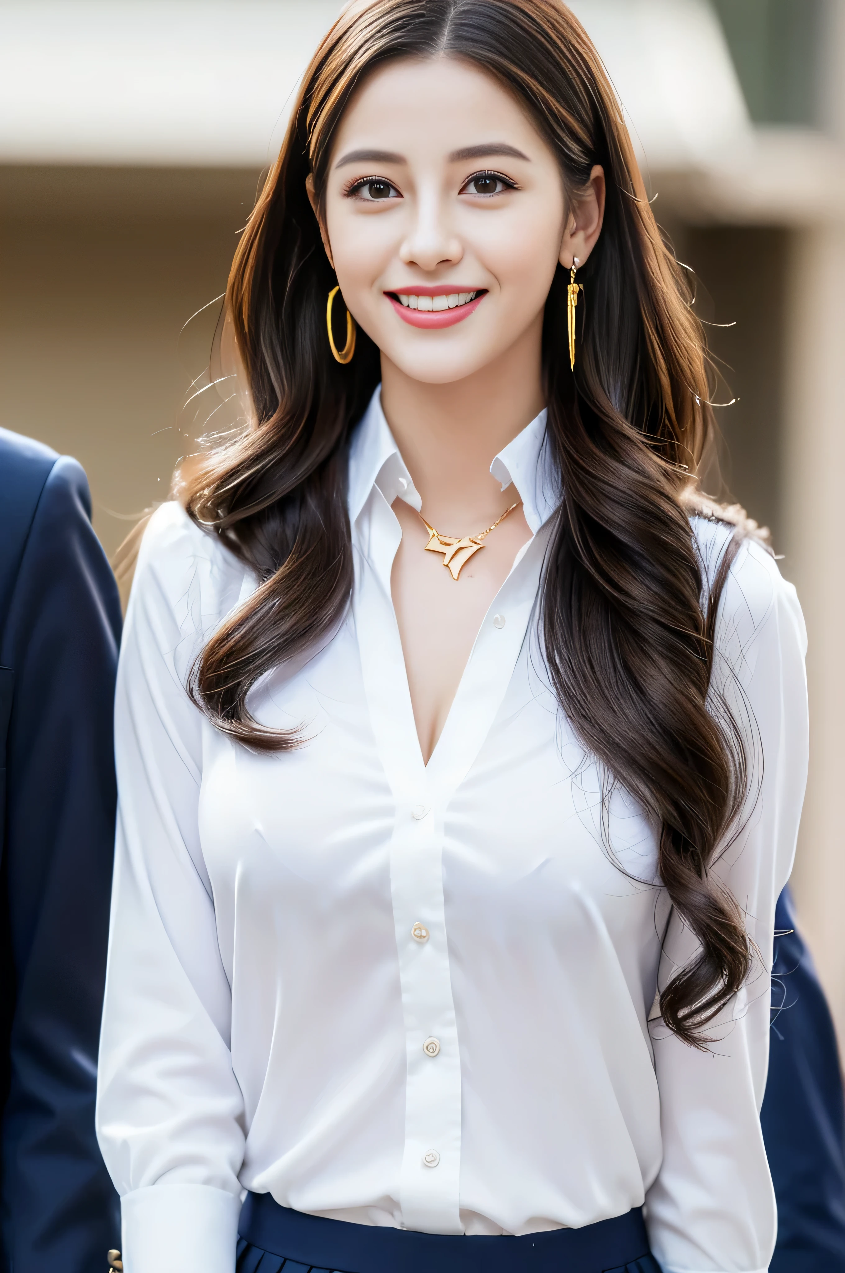 ((Highest image quality、8K、masterpiece:1.3))、1 girl、smile、Full body Esbian、slim face、cute woman、(dark brown hair)、super detailed face、detailed eyes、double eyelid、blurred background、slim face、city_super long brown hair、big breasts、full body shot、full body shot、full body shot、thin and neat legs、long legs、black leather shoes、white knee socks、in the school classroom、loose wavy hair、gold necklace_Large earrings、No facial expression、full body shot、Standing gracefully、cleavage、(high school uniform_white shirt_navy pleated hy smile:1.3)),