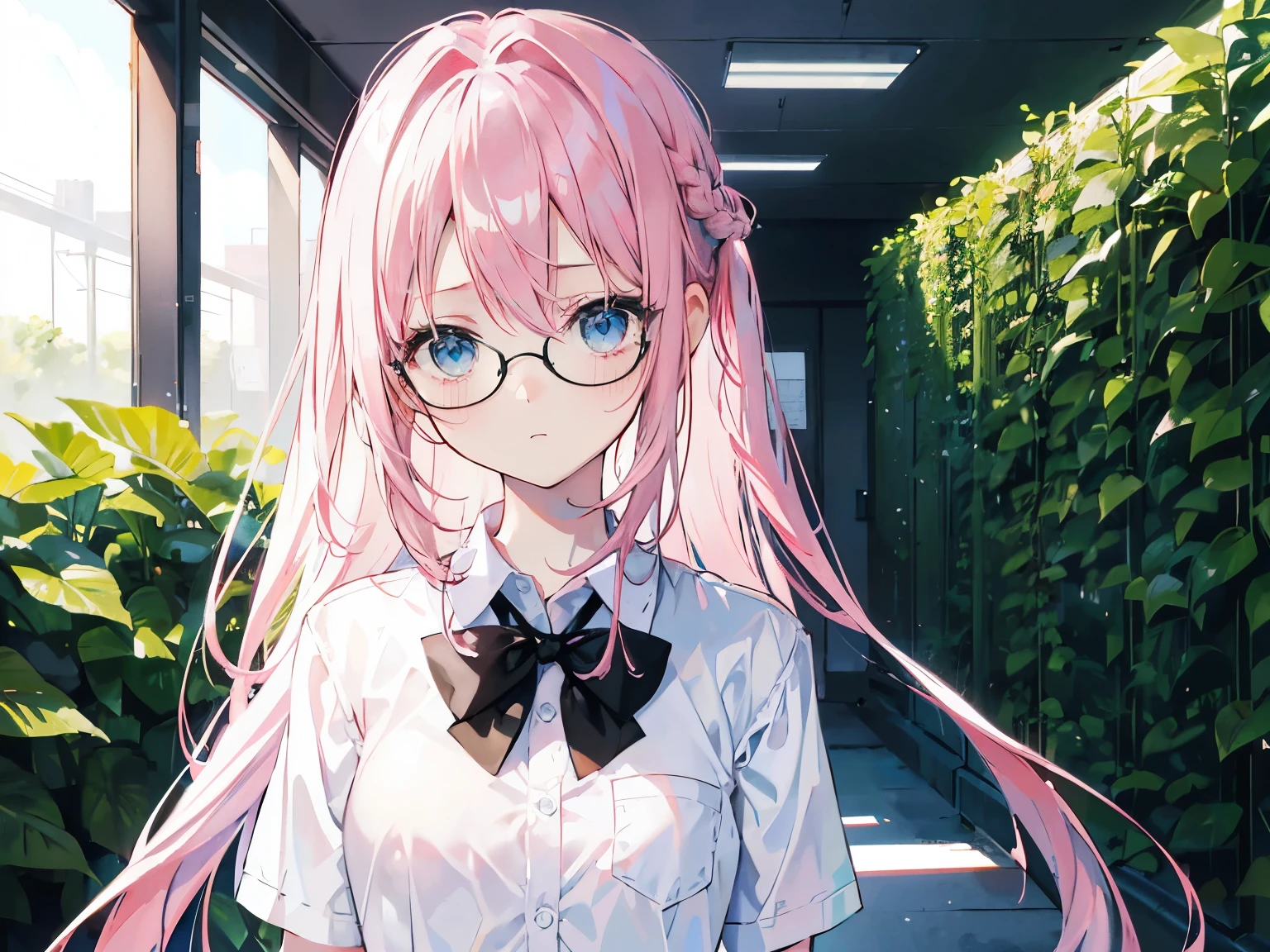 pink haired girl, 25 years old, body, light blue eyes, long hair,Green braid tied in bows left and right....wear glasses........small breasts, Wear a white shirt.. Wear a black miniskirt.. From America...Wear a black bra..,(shy).....The background is a school. Picture R18 naked.