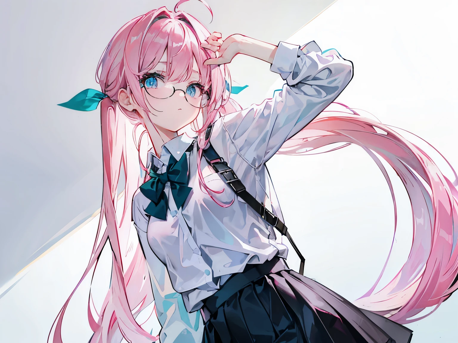 pink haired girl, 25 years old, body, light blue eyes, long hair,Green braid tied in bows left and right....wear glasses........small breasts, Wear a white shirt.. Wear a black miniskirt.. From America...Wear a black bra..,(shy).....The background is a school. Picture rated R18.+ Naked