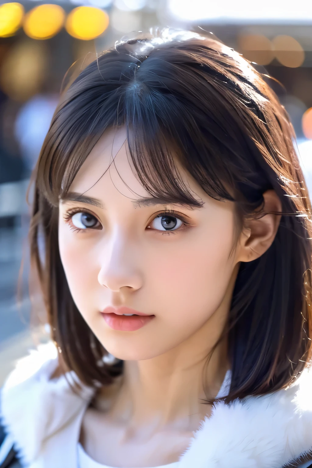 8k、High resolution、B girl fashion、beautiful girl、slender body、young、colorful costumes、white skin,narrow eyes,high nose,lighting that illuminates the face、clear image、intellectual beauty、Eyes staring straight ahead、skinny、no makeup、Black Lace Costume、short hair、anxious look、close-up image、When the light hits your face,Shopping mall、wear fur,shining hair、