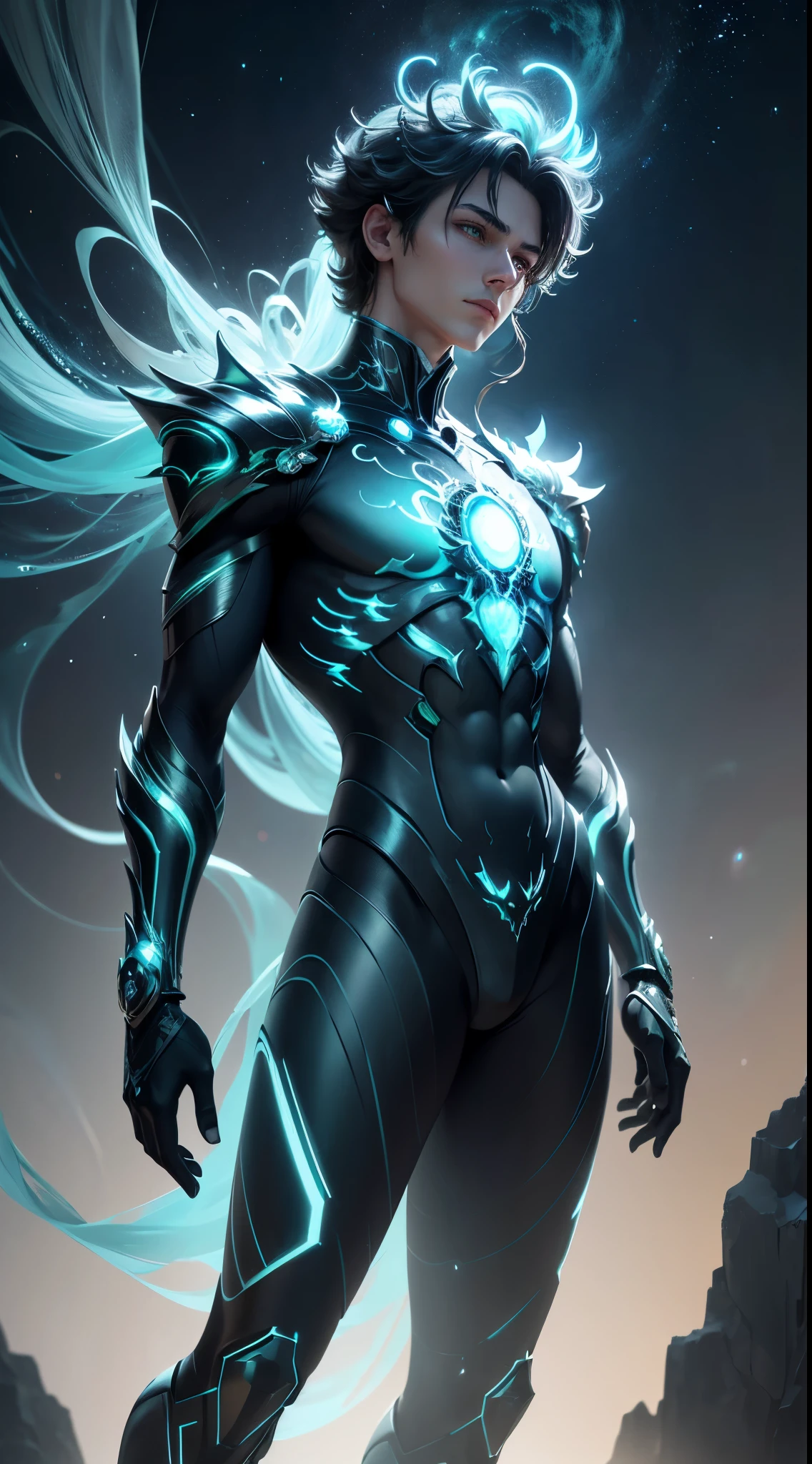 Masterpiece, Highest Quality, Ultra-Detailed, Hyper-Real, (seiya), a Man,Perfect Face, cinematic lighthing, full body, (Realistic),
Prompt:  Celestial humanoid male with a glowing blue aura and glowing green eyes, standing against a black background with blue and green light shining from both hands in a full body shot. Created using Unreal Engine 4 with cinematic lighting.  
[1] 

, a stunning celestial humanoid male emits a radiant blue aura complemented by glowing green eyes, surrounded by ethereal blue and green light emanating from both hands in a captivating full body shot. The intricate details evoke a sense of divine energy, resonating with the Unreal Engine 4 and cinematic lighting.

,
An otherworldly environment envelops the celestial humanoid male, blending hues of blue and green with cosmic surroundings that enhance the mystical essence permeating from his form.
,
The scene exudes a tranquil yet awe-inspiring atmosphere, capturing the essence of a celestial being imbued with a sense of divine power and grace.
,
A breathtaking and luminous style reminiscent of a digital illustration, highlighting the celestial humanoid male’s intricate features with a celestial glow and vibrant colors.
,
Executed with impeccable attention to detail using advanced rendering techniques and lighting effects to showcase the celestial humanoid male's divine essence in an otherworldly setting.

Negative prompt: washed out colors, mundane appearance, ordinary human, lacking intricate details, uninspired lighting, generic composition, unimpressive background, simplistic design, standard character model, lackluster execution, unoriginal concept, flat perspective, dull features, ordinary atmosphere, plain style, predictable artwork, underwhelming visuals, lack of artistic flair, common imagery, unremarkable portrayal, basic rendering, lack of creativity, generic lighting, dull texture, unimaginative scene, average artistic interpretation, uninspiring depictio
