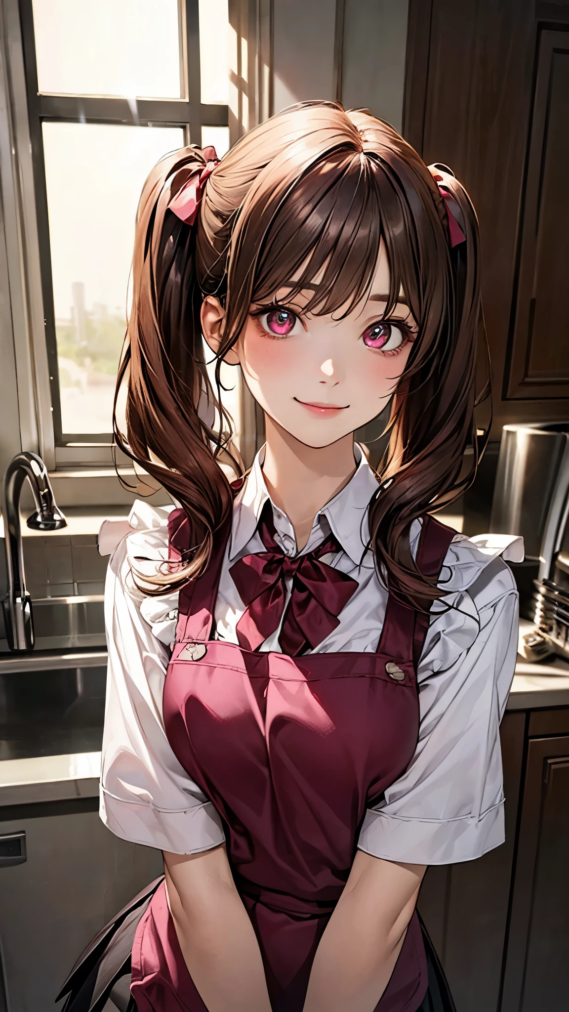 Anime girl in a kitchen with a red apron and a white shirt - SeaArt AI