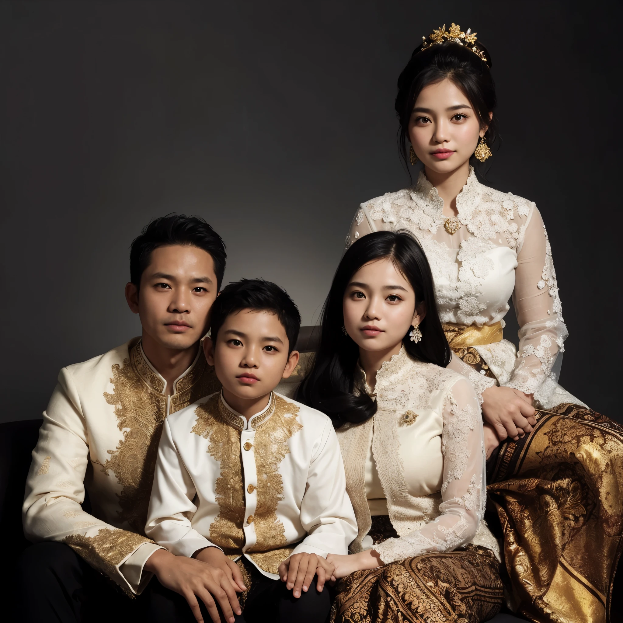 Vietnamese family Have an ugly face, 3 people, holding a fan, traditional, luxurious, dignified, magnificent clothes, 1 teenage boy, 1 mother, 1 father, Black skin, eyes narrow, eyes 1 eyelid