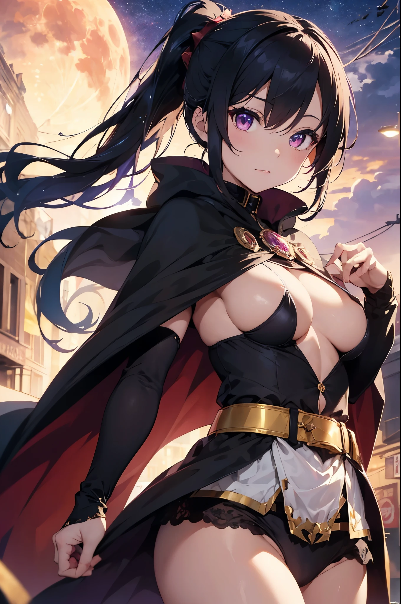 vampire queen, perfect body shape, small breast, battle skirt, (royal cape 1:1.1, underboobs 1:1.2), main color is matte black, secondary color is purple, sexy and devil aura, original character, masterpieces, seducing purple pupil, (multi color high pony tail 1:1.2), walking under blood moon and middle of the destroyed city street, purple gem accessories, golden belt, golden necklace, windy and evil effect, soft moon light focus, corruption, extremely delicate and beautiful eyes, messy bang, unique crown