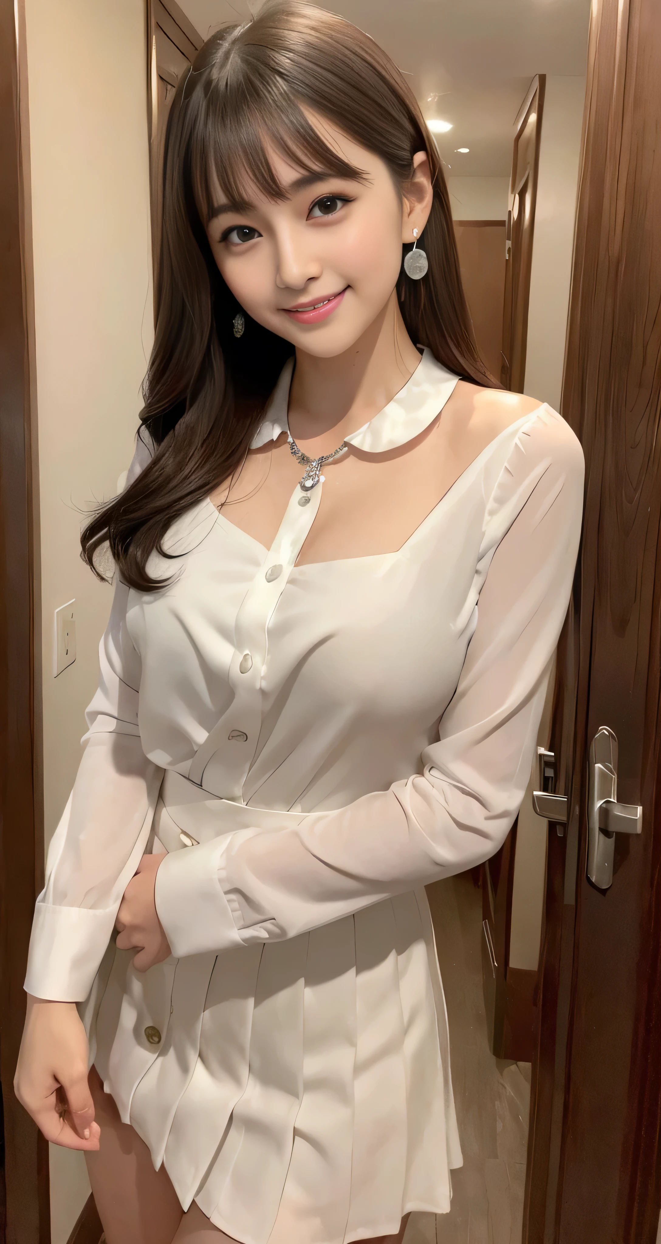 marian rivera、white long sleeve button up blouse_with collar_nipple＿brown pleated mini skirt,foot、enchanting smile、polite clothes、beautiful face、slim body、ABS:1.4、30 years old、((1 girl、solo))、((whole body))、((medium chest:1.3))、(64k、RAW photo、highest quality、masterpiecel1.4)、(real、photorealistic:1.37)、(micro:1.4)、exposed、((diamond necklace))、earrings、Glamour、white skin、(in a luxurious hall)、 look at the audience、weavy brunette hair、long hair、(illumination)、dynamic pose、()、((beautiful eyes)、erotic、HDR、very detailed、ambient occlusion、nature、harmonious composition、fine art photography、beauty、excellent anatomy、exposedの詳細、((shy smile:1.3)),shortcut、With bangs