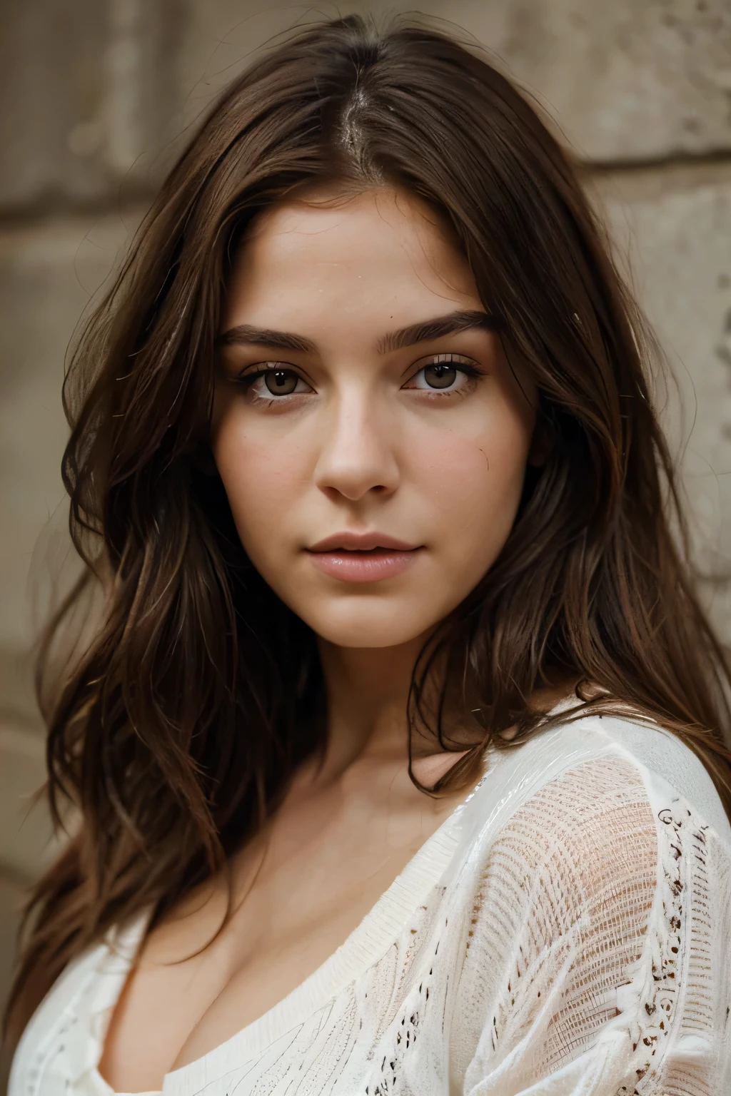 Very realistic portrait of a young brunette woman, deren Haare locker sind'I won't fall over her face