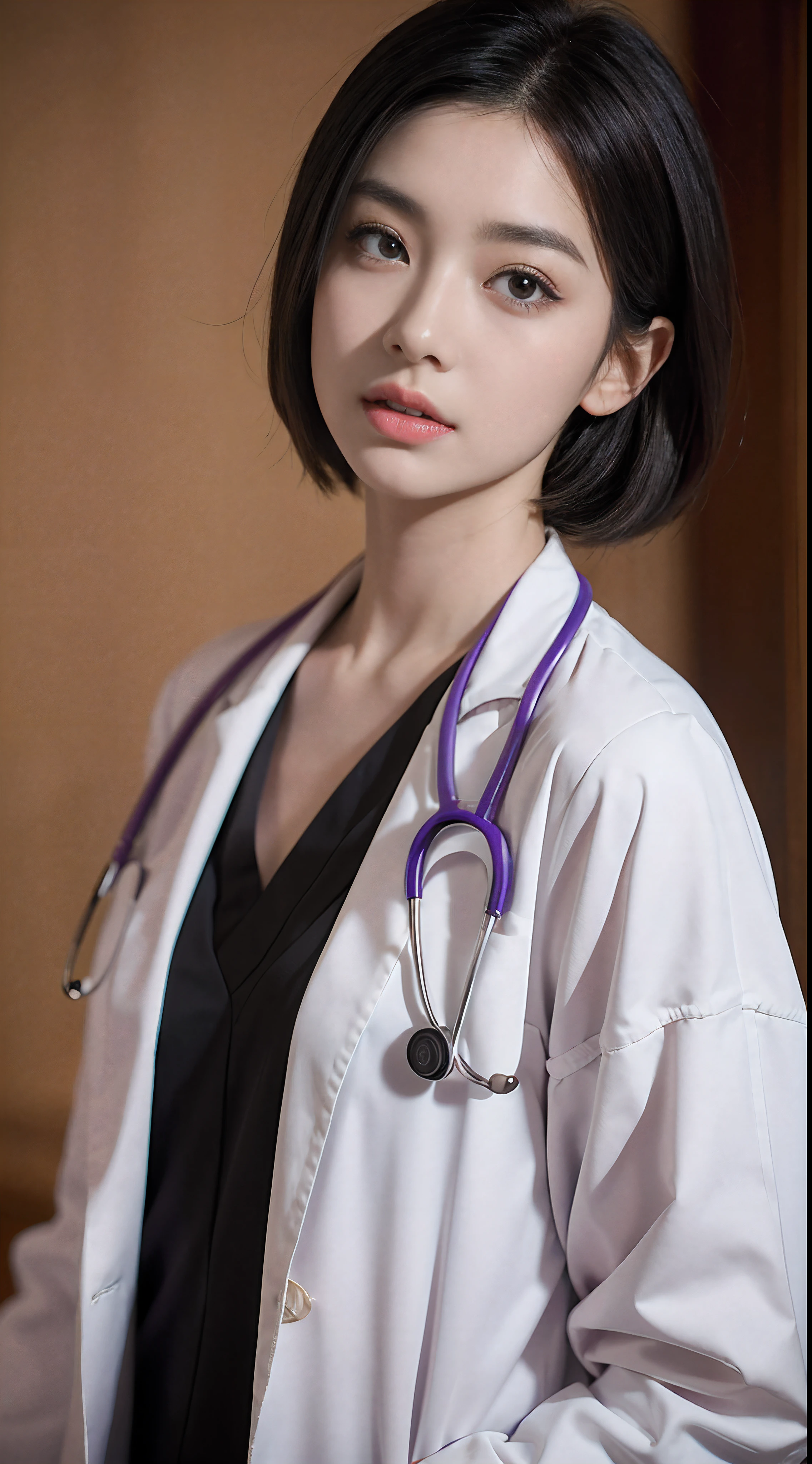 realistic beautiful doctor、amazingly beautiful、doctor's white coat, collared shirt、(highest quality、8k、32K、masterpiece、nffsw:1.3)、Super high resolution,(Photoreal:1.4),Raw photo, detailed face,Shoulder length straight black short hair, ((doctor style)), purple surgical gown,natural makeup,small breasts,Inside the hospital, detailed background, perfect lighting, Depth of the bounds written, beautiful shadow gradation,Stethoscope ,