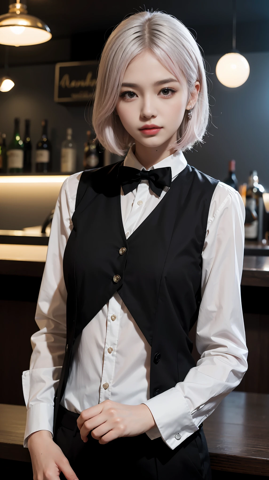 (highest quality、8k、16k、masterpiece、realistic、Super detailed、Beautiful in every detail、ray tracing)、photograph、BREAK (black and white theme:1.4), (bar-maid:1.2), (wearing a black cummer-vest over a white long-sleeved collared-shirt with bow tie:1.4), (black bow tie:1.2), (cummer-vest:1.1), (button-up:1.3), (black slacks pants with narrow waist:1.3), (Attach a name tag to vest:1.2), (dress shoes:1.2), (((At a stylish bar)))、beautiful asian girl、Looks like a Korean idol、25 year old female model、((whole body))、
(detailed face、golden ratio of beauty)、gentle smile、lip details、fine eyes、((silver hair pink mesh hair color))、medium bob hair、Idol style super cute face、slim and beautiful body、beautiful breasts、Glossy skin