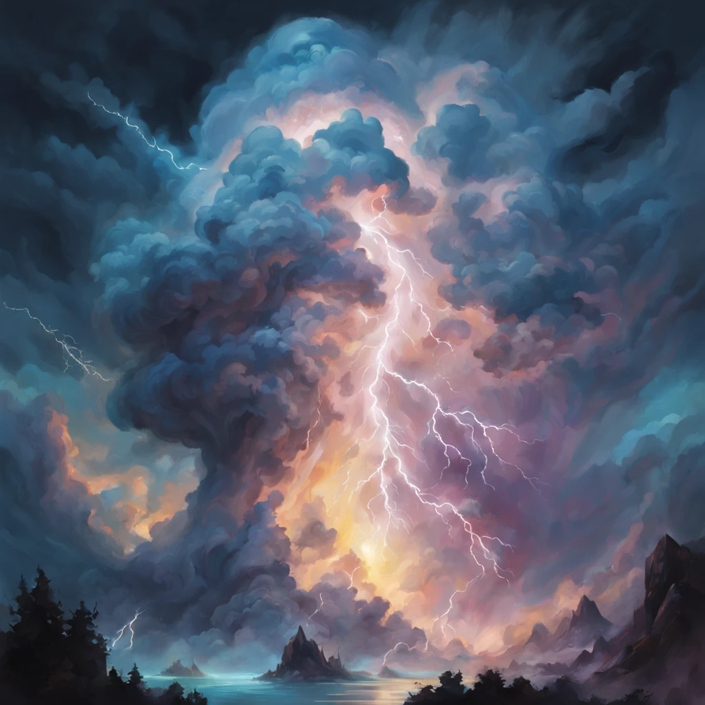 Storm Ghost Squall the The tumultuous spirit of the god of the sky and they summon storm clouds with deadly bolts of lightning, cartoon color