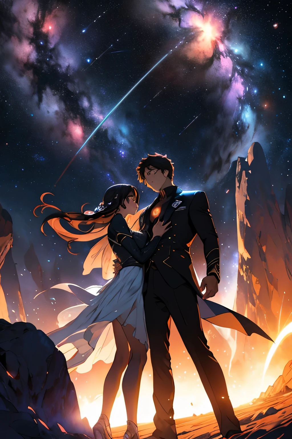 Draw a young couple hero, floating in the middle galaxy surrounded by several asteroids and stars glowing with fiery auras. Dramatic lighting from distant stars and planets illuminates the scene, casting deep shadows on the suit. The young couple looks inlove, looking at the vast and mysterious universe with wonder and respect, full body, high quality, detailed, 4k, book cover, cinematic