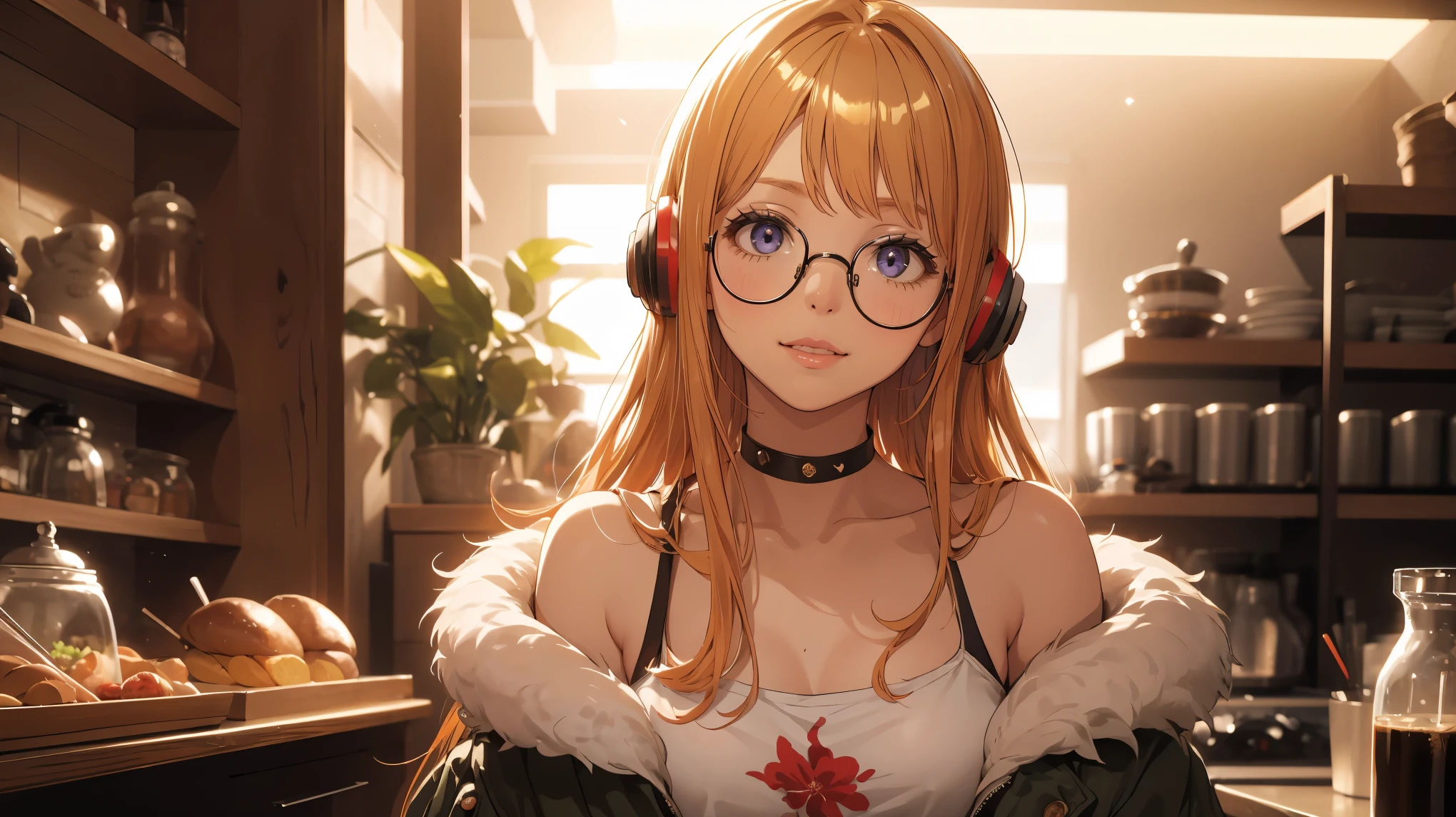 masutepiece, Best Quality, hight resolution, 1girl in, futaba sakura, Blunt bangs, eye glassesの,purple eyes、紫色の瞳 , Ahoge,orange color hair、  eye glassesの, headphones,  bura, Jacket, off shoulders, Fur trim, fur-trimmed jacket, Green jacket, Shorts, ,the golden hour,A smile that showed teeth、1black cat、tea shop、On the counter、Coffee、futaba sakura、Purple eyes、orange color hair、eye glasses、,​masterpiece、top-quality、Official art、illustratio、ligne claire、(Cool_Color)、perfect-composition、focal、acurate, Anatomically correct、 、hight resolution, Beautiful detailed glow, masutepiece*Portrait, 3D Face, Realistic, (masutepiece: 1.3), (max resolution: 1.2), (Ultra HDTV: 1.2), cinematric light, 8K resolution, phi ,​masterpiece、top-quality、Ultra Detail、(((shiny lips: 1.4)))Beautiful face, acurate, Anatomically correct, phiAlways detailed face and skin texture, Detailed eyes, Double eyelids, tThin eyebrows、 pale skin, Lustrous skin all over the body, Perfect face,Always detailed face and skin texture, Detailed eyes, Double eyelids, Thin eyebrows,Natural cheeks, Glossy skin, Fair skin: 1.2, (Glossy lips: 1.4), (((最高にbeautiful a girl)))、(((beautiful a girl)))、（little blush）、（Beautiful face）、
Delicate and beautiful hair, Delicate and beautiful eyes and face, (Beautiful gorgeous cute western woman:1.3),)(((Very Beautiful face))))(((long lashes))))(((Circular twinkling eyes)))(((Glossy and glossy lips)))
(((Cheeks with a slight reddish tinge:0.8)))(((Neat and straight nose bridge)))、(((Cowboy Shot)))crouching cowgirl,