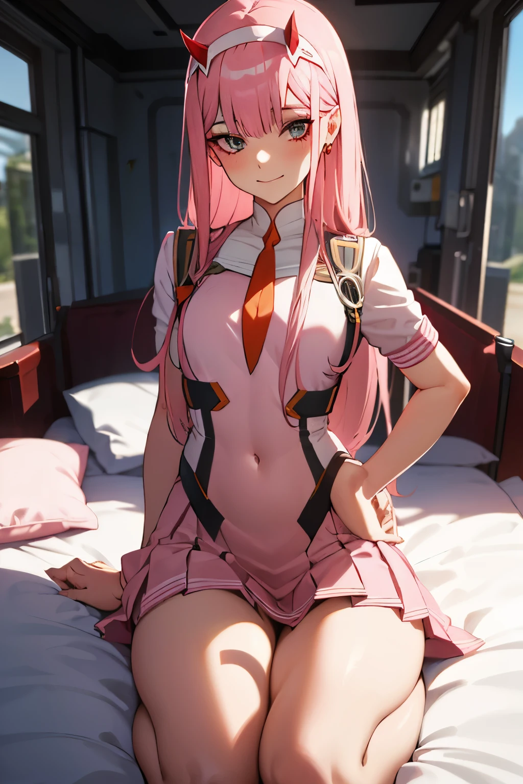 beautiful illustration、top-quality、Cute  s、bedroom、pink-haired、lenght hair, red color eyes、(((pink pleated skirt)))、lab coat, (((white sailor suit))), clothes covering full body、shortsleeves、a navel、bare-legged、on the beds、lovely thighs、glowing thigh, 1girl, bangs, biting, blush, covered navel, eyeshadow, hair behind head, hand on hip, smile, long hair, looking at viewer, makeup, pilot suit, red eyeshadow, science fiction, skin tight, solo, ((masterpiece)),camel toe, (breast:0.6), 8k, (thick thighs:1.3), beautiful, trap, futa, zero two, small horns