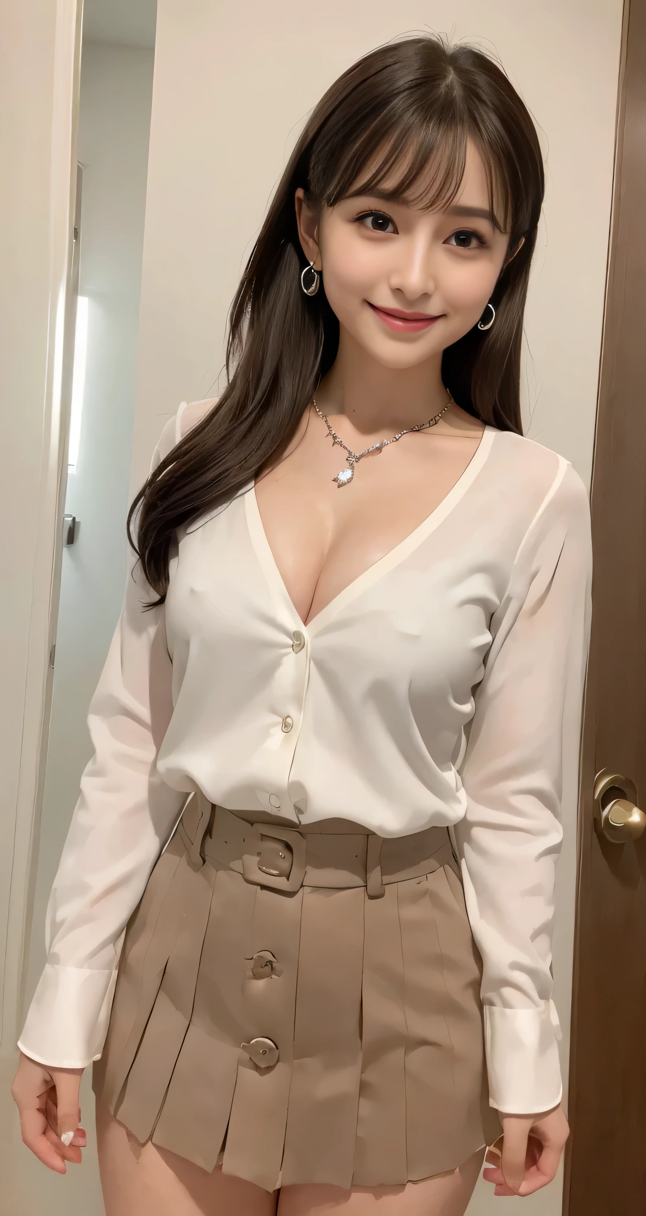 marian rivera、white long sleeve button up blouse_with collar_nipple＿brown pleated mini skirt,foot、enchanting smile、polite clothes、beautiful face、slim body、ABS:1.4、30 years old、((1 girl、solo))、((whole body))、((medium chest:1.3))、(64k、RAW photo、highest quality、masterpiecel1.4)、(real、photorealistic:1.37)、(micro:1.4)、exposed、((diamond necklace))、earrings、Glamour、white skin、(in a luxurious hall)、 look at the audience、weavy brunette hair、long hair、(illumination)、dynamic pose、()、((beautiful eyes)、erotic、HDR、very detailed、ambient occlusion、nature、harmonious composition、fine art photography、beauty、excellent anatomy、exposedの詳細、((shy smile:1.3)),shortcut、With bangs