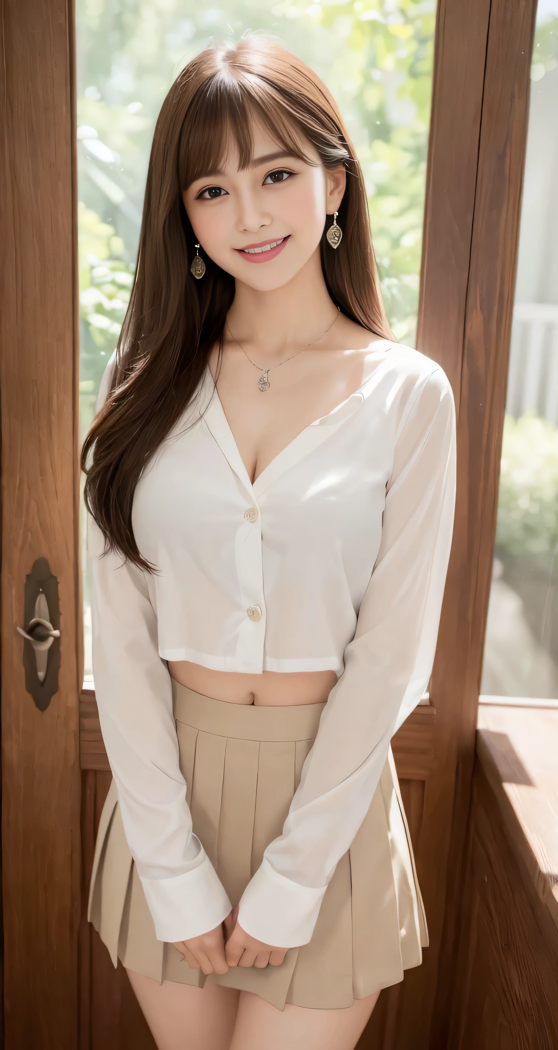 marian rivera、white long sleeve button up blouse_with collar_nipple＿brown pleated mini skirt,Shirts put in skirts、Reach out to us、foot、enchanting smile、polite clothes、beautiful face、slim body、ABS:1.4、30 years old、((1 girl、solo))、((whole body))、((medium chest:1.3))、(64k、RAW photo、highest quality、masterpiecel1.4)、(real、photorealistic:1.37)、(micro:1.4)、exposed、((diamond necklace))、earrings、Glamour、white skin、(in a luxurious hall)、 look at the audience、weavy brunette hair、long hair、(illumination)、dynamic pose、()、((beautiful eyes)、erotic、HDR、very detailed、ambient occlusion、nature、harmonious composition、fine art photography、beauty、excellent anatomy、exposedの詳細、((shy smile:1.3)),shortcut、With bangs