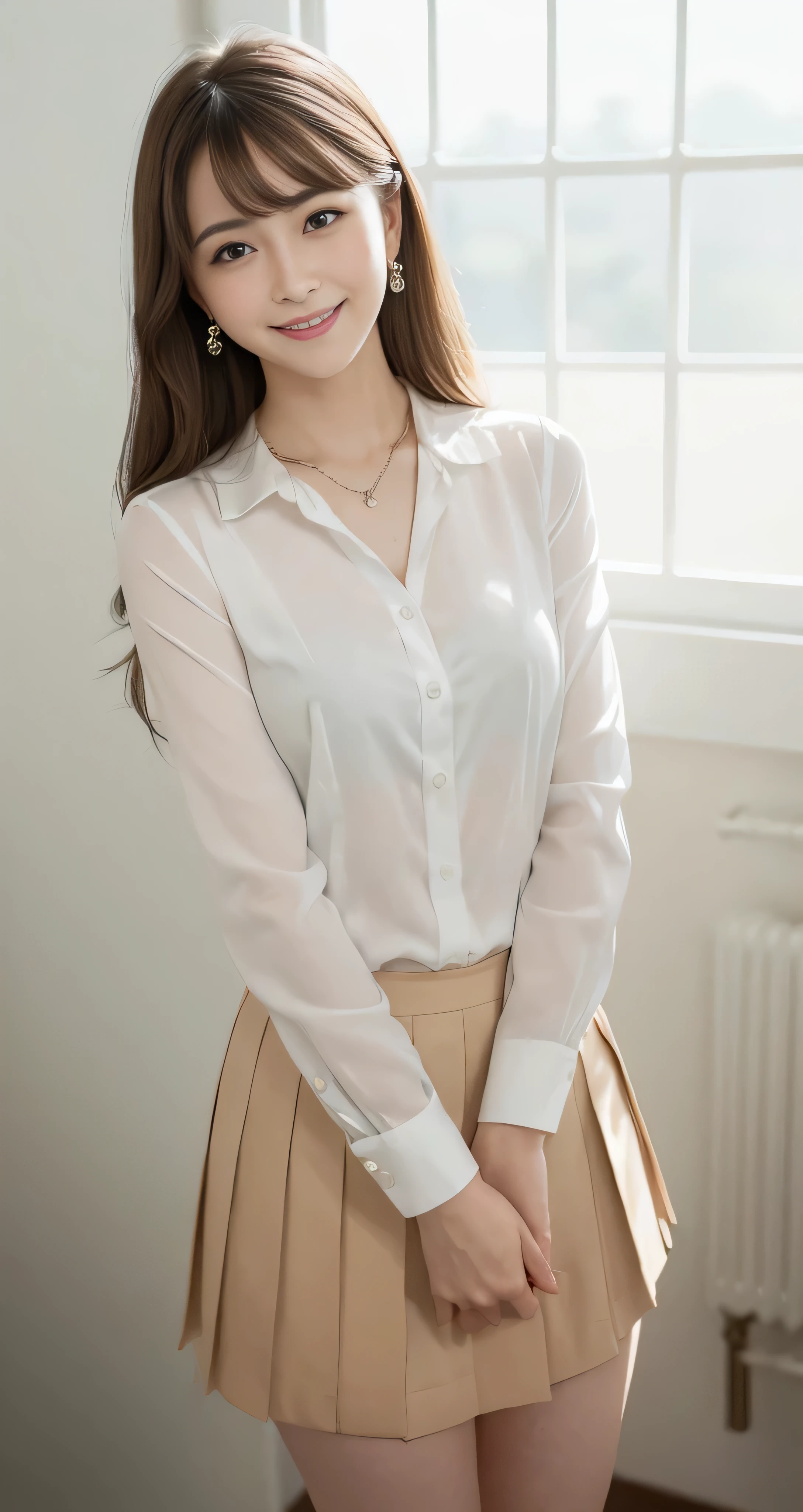 marian rivera、white long sleeve button up blouse_with collar_nipple＿brown pleated mini skirt,Shirts put in skirts、Reach out to us、foot、enchanting smile、polite clothes、beautiful face、slim body、ABS:1.4、30 years old、((1 girl、solo))、((whole body))、((medium chest:1.3))、(64k、RAW photo、highest quality、masterpiecel1.4)、(real、photorealistic:1.37)、(micro:1.4)、exposed、((diamond necklace))、earrings、Glamour、white skin、(in a luxurious hall)、 look at the audience、weavy brunette hair、long hair、(illumination)、dynamic pose、()、((beautiful eyes)、erotic、HDR、very detailed、ambient occlusion、nature、harmonious composition、fine art photography、beauty、excellent anatomy、exposedの詳細、((shy smile:1.3)),shortcut、With bangs