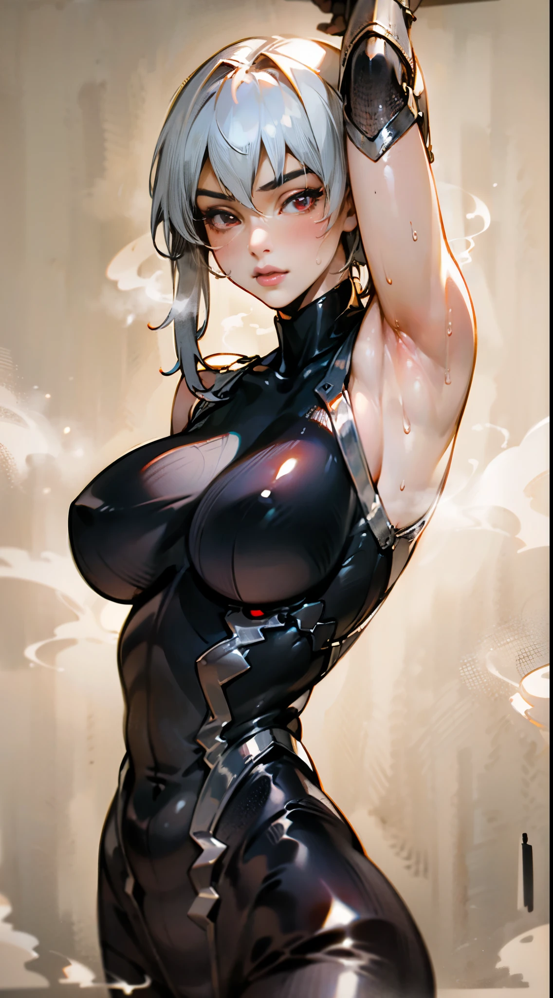  (best quality,4k,8k,highres,masterpiece:1.2),ultra-detailed,(realistic,photorealistic,photo-realistic:1.37),beautiful girl,long straight black hair,fit,

ultra-detailed armpit,beautiful detailed sweat pores,smooth skin texture,meticulously rendered,

(sleeveless black , white armor, glowing red linings), (steamy armpits:1.2),

white hair, red eyes,