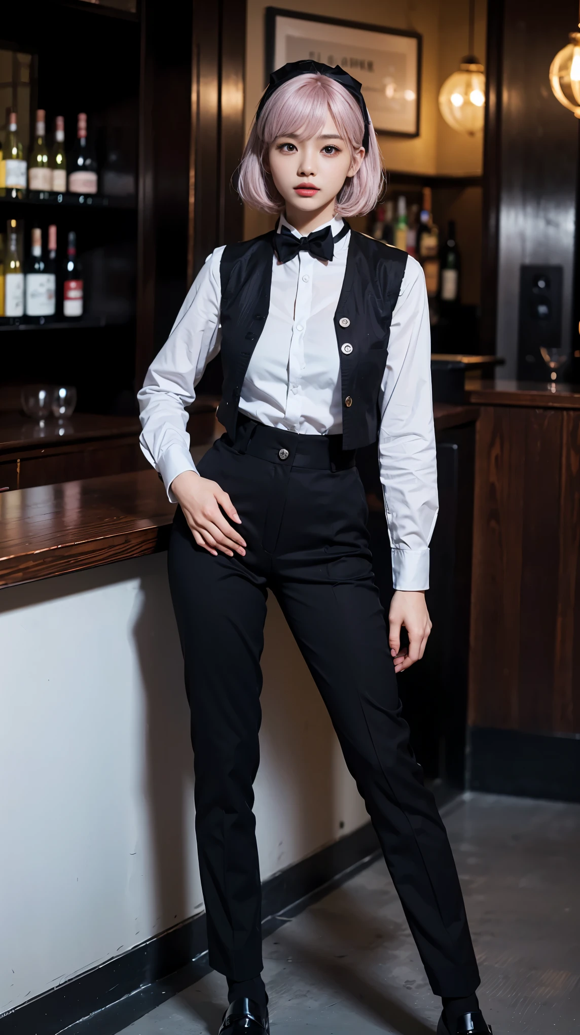 (highest quality、8k、16k、masterpiece、realistic、Super detailed、Beautiful in every detail、ray tracing)、photograph、BREAK (black and white theme:1.4), (bar-maid:1.2), (wearing a black cummer-vest over a white long-sleeved collared-shirt with bow tie:1.4), (black bow tie:1.2), (cummer-vest:1.1), (button-up:1.3), (black slacks pants with narrow waist:1.3), (Attach a name tag to vest:1.2), (dress shoes:1.2), (((At a stylish bar)))、beautiful asian girl、Looks like a Korean idol、25 year old female model、((whole body))、
(detailed face、golden ratio of beauty)、gentle smile、lip details、fine eyes、((silver hair pink mesh hair color))、medium bob hair、Idol style super cute face、slim and beautiful body、beautiful breasts、Glossy skin