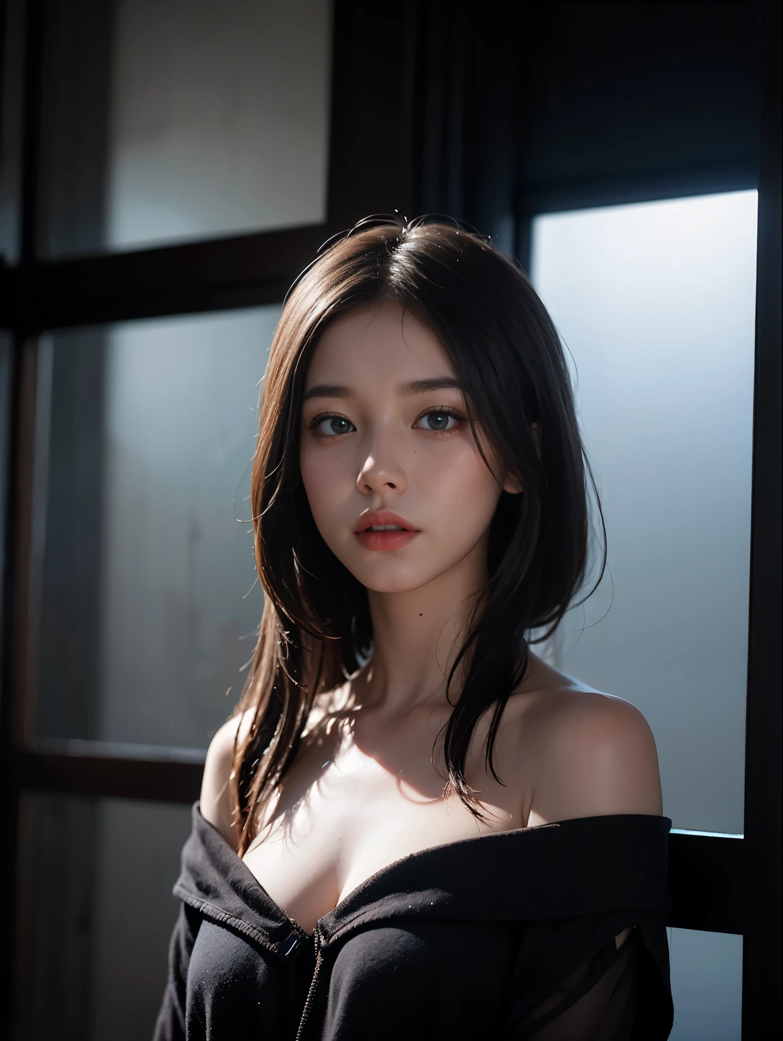 best quality, masterpiece, ultra high resolution, (lifelike:1.4), original photo, 1 girl, Off the shoulders, in the darkness, deep shadow, low profile, cold light