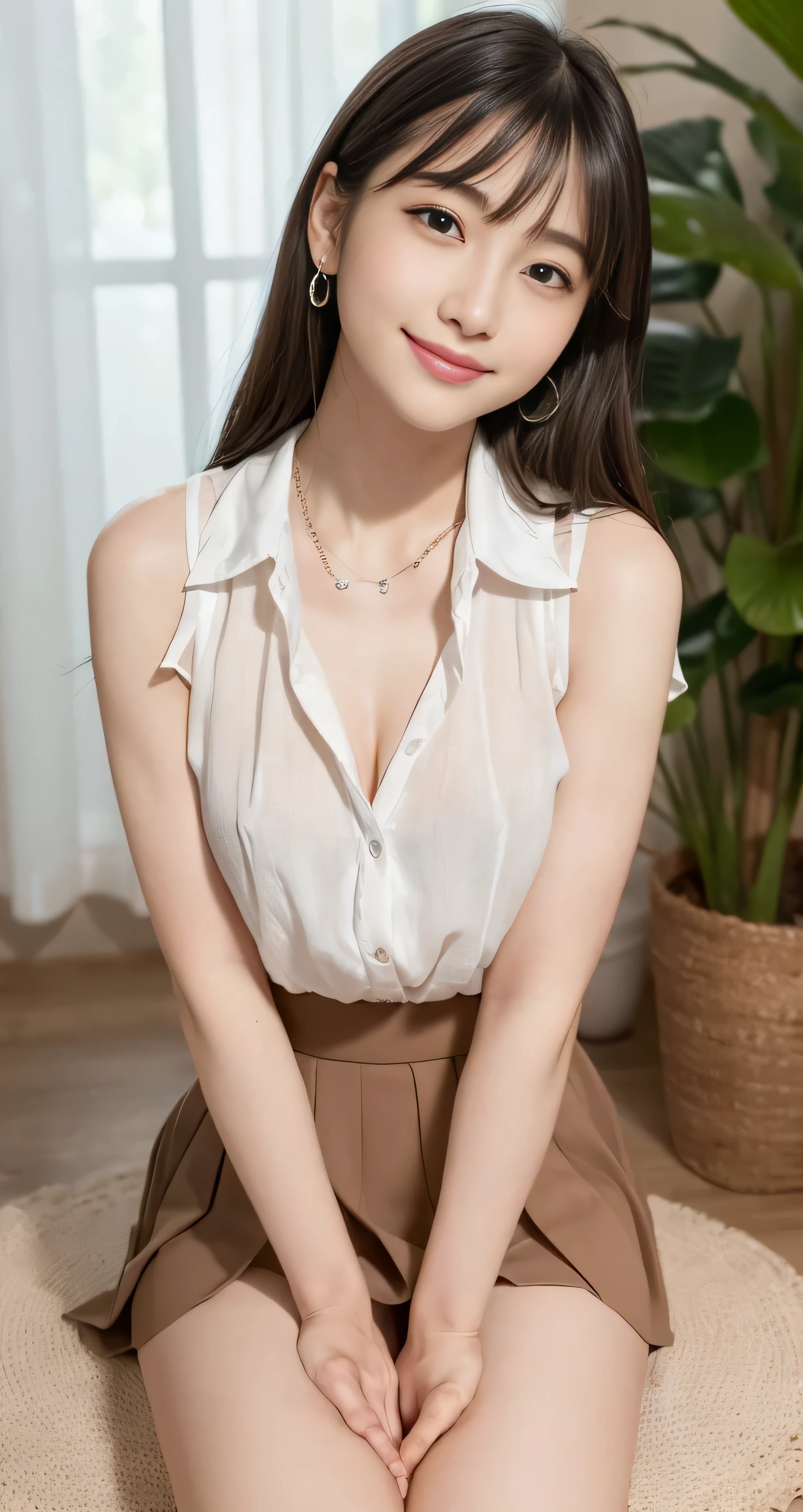 (masutepiece: 1.3), (max resolution: 1.2),, (Detailed eyes and skin), (detailed facial features), nffsw, Sharp Focus: 1.2, Perfect Style, Beautiful face, Perfect body,Highly detailed face and skin texture, Detailed eyes, Dark-blue eyes, Double eyelids, Thin eyebrows, Glitter Eyeliner: 1.2, Natural cheeks, Glossy skin, Fair skin: 1.2, shiny little necklace and earrings, (Glossy lips: 1.A very cute female teacher), Light pink lace bra She wears pale pink lace panties Stockings), (Seductive smile: 1.2), ((a Innocent and cute girl:1.3)), (long, straight haired, bangss), (ligh brown hair:1.2), medium large breasts, FULL BODYSHOT Shyness School Changing Rooms Herren cute little Wearing a white shirt Beige pleated skirt sexy pose backshots sexy hips