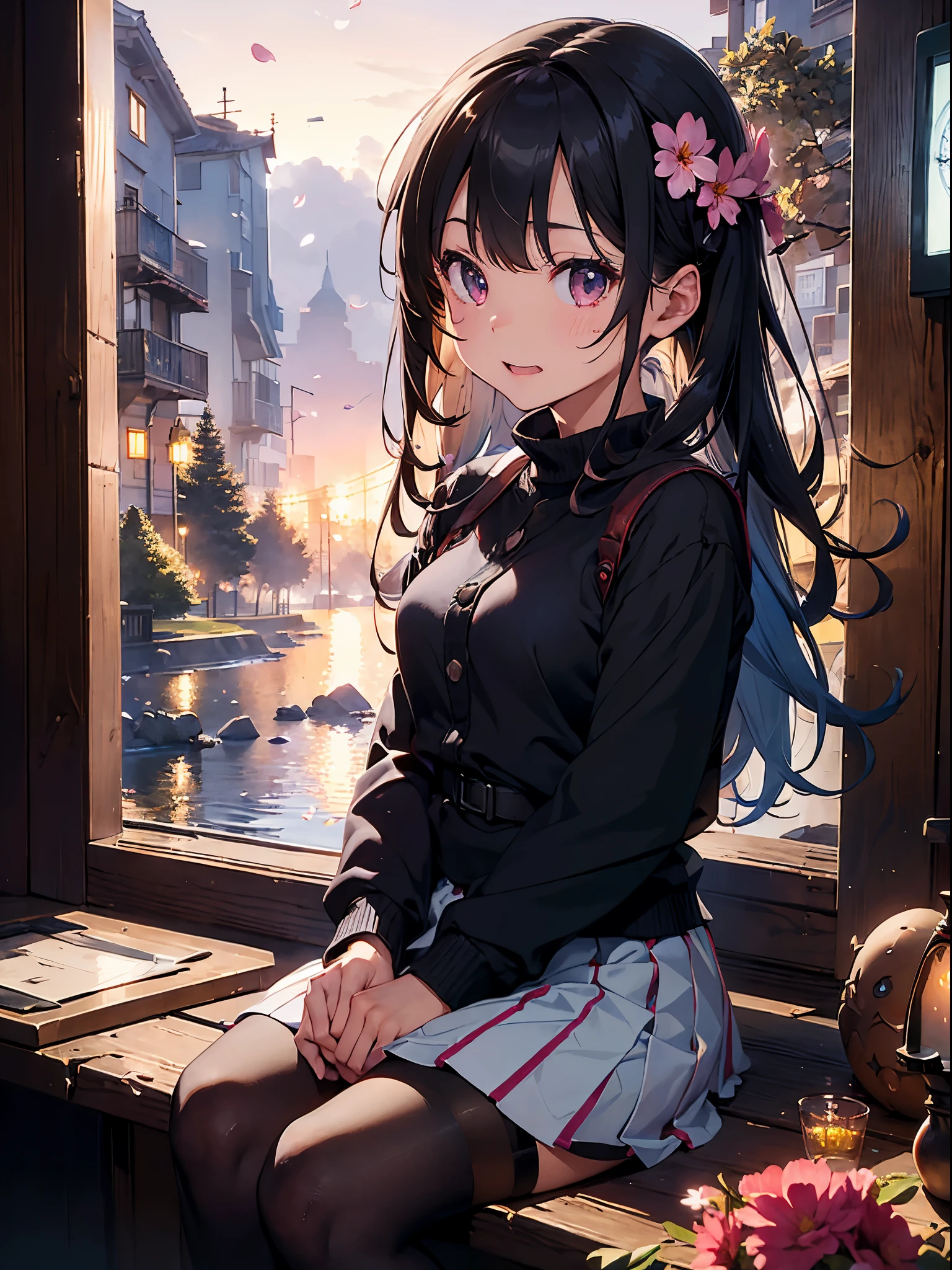 masterpiece、highest quality、1 girl、(Colorful)、(Are you okay, beautiful eyes and detailed face)、movie lighting、bust shot、Highly detailed CG Unity 8k wallpaper、gray hair、solo、laughter、intricate skirt、((flying petals)) 、(flower meadow) null、曇った灰のnull、architecture、moon明かり、moon、night、(dark theme:1.3)、Optics、fantasy、((((There are many clocks in the background)))、((((girl sitting))))