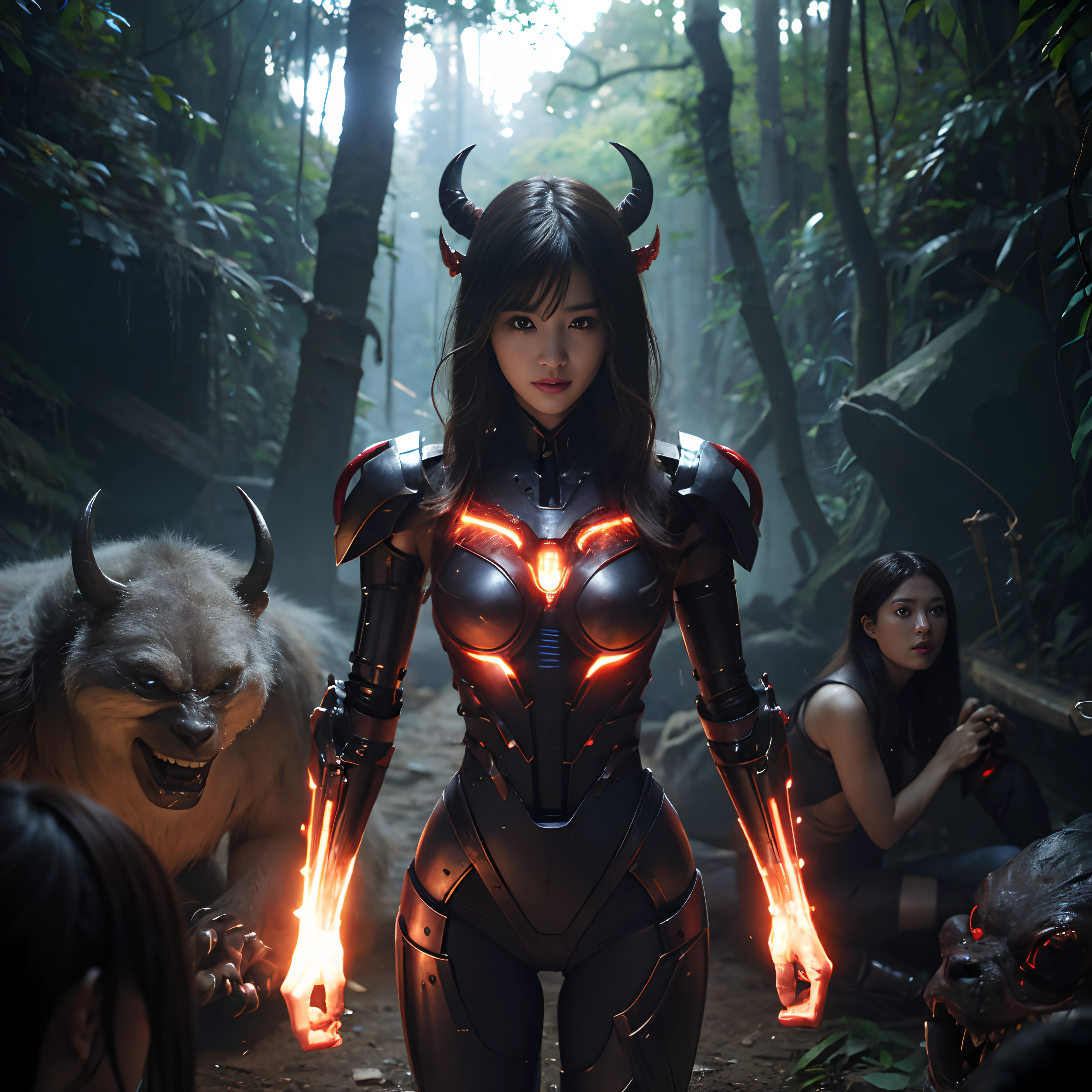 (1 mechanical girl)、top quality、Masterpiece、Super high resolution、(Photorealistic:1.4)、Raw-Photo、1 girl、Fighting mutants、glowing skin、(((1 mechanical girl)))、With a beautiful knife、(Yellow metallic bodysuit)、(Kobold、ogr、Fierce battle with orcs),(Fight fiercely against aliens)、Fight fiercely、(beautiful forest background)、(Fighting Demonic Beasts)、(Small LED)、((super realistic details))、portlate、(Strong giant demon beast),Global Illumination、shadow、Octane render、8K、ultra-sharp、Colossal tits、Raw skin exposed in the cleavage area、metals、Details of complex ornaments、Details about Japan、very complex detail、realistic light、(Mystical expression),CGSoation Trends、Red eyes、Shining eyes、Facing the camera、neon details、(mechanical limbs)、(blood vessels, connected to tubes)、mechanical vertebrae, attached to the back、mechanical attachment of the cervix to the neck、(wires and cables, connecting to the head)、Gundam、Small LED、,Mechanical hips、Tustok、(Hands are also made of machines)、(Attack of monstrous beasts)、(Wounded in mortal combat)、