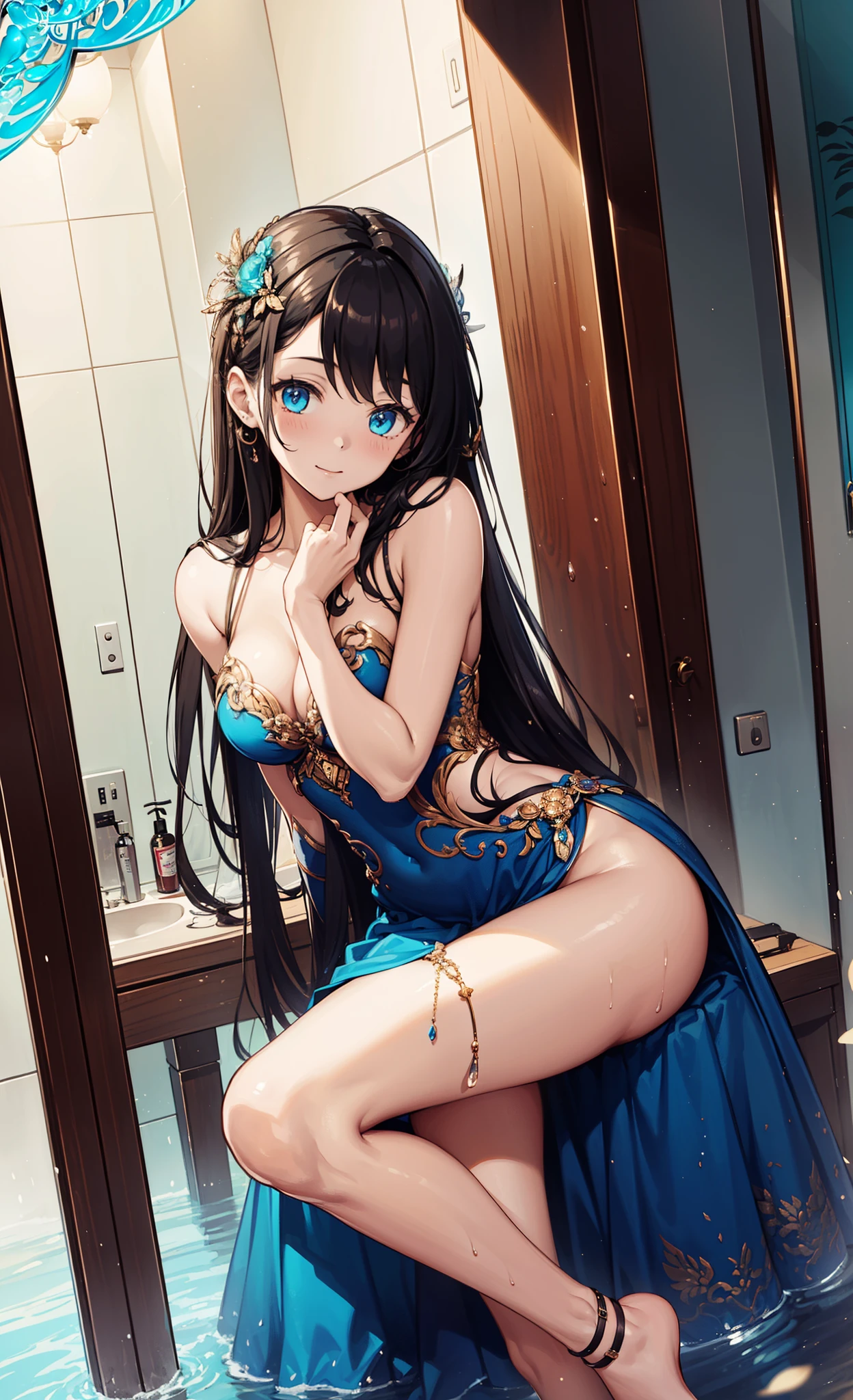 (masterpiece, top quality, best quality,official art, Beautiful and beautiful:1.2),(1 girl:1.3), 1 girl，Prom dress，bathroom，water，wet body，translucent，charm:0.5，3/4 body images，remove excess thigh