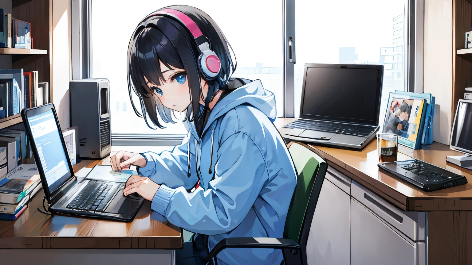 girl wearing headphones、Touching a computer、There's a cat by the window