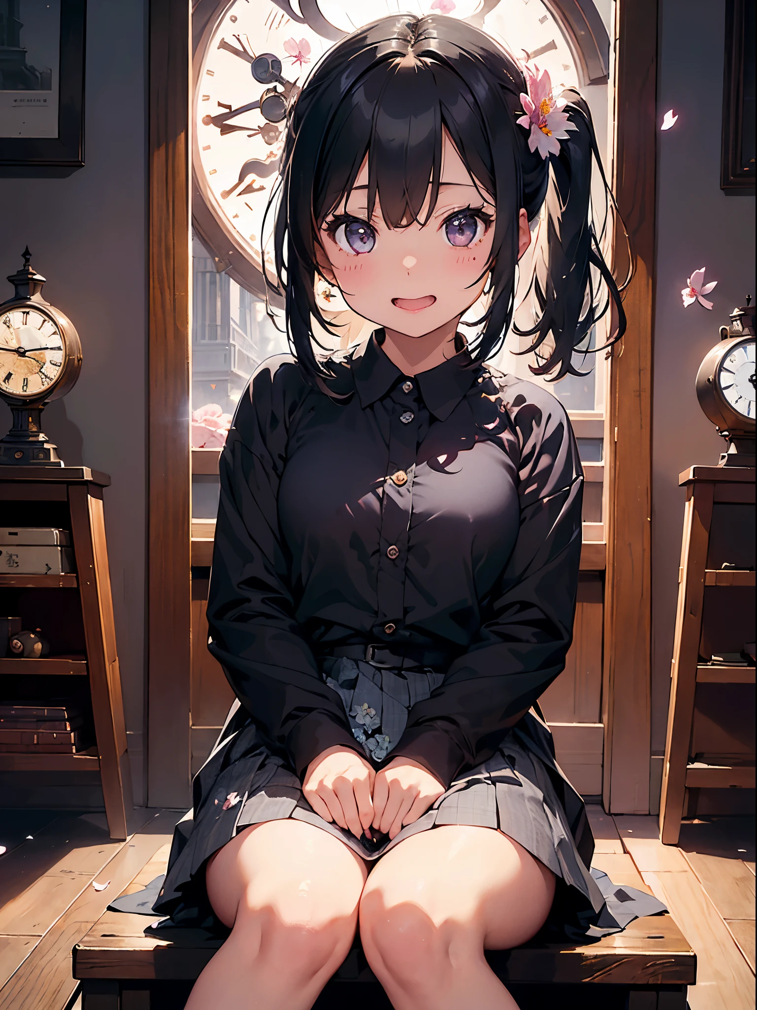masterpiece、highest quality、1 girl、(Colorful)、(Are you okay, beautiful eyes and detailed face)、movie lighting、bust shot、Highly detailed CG Unity 8k wallpaper、gray hair、solo、laughter、intricate skirt、((flying petals)) 、(flower meadow) null、曇った灰のnull、architecture、moon明かり、moon、night、(dark theme:1.3)、Optics、fantasy、((((There are many clocks in the background)))、((((girl sitting))))