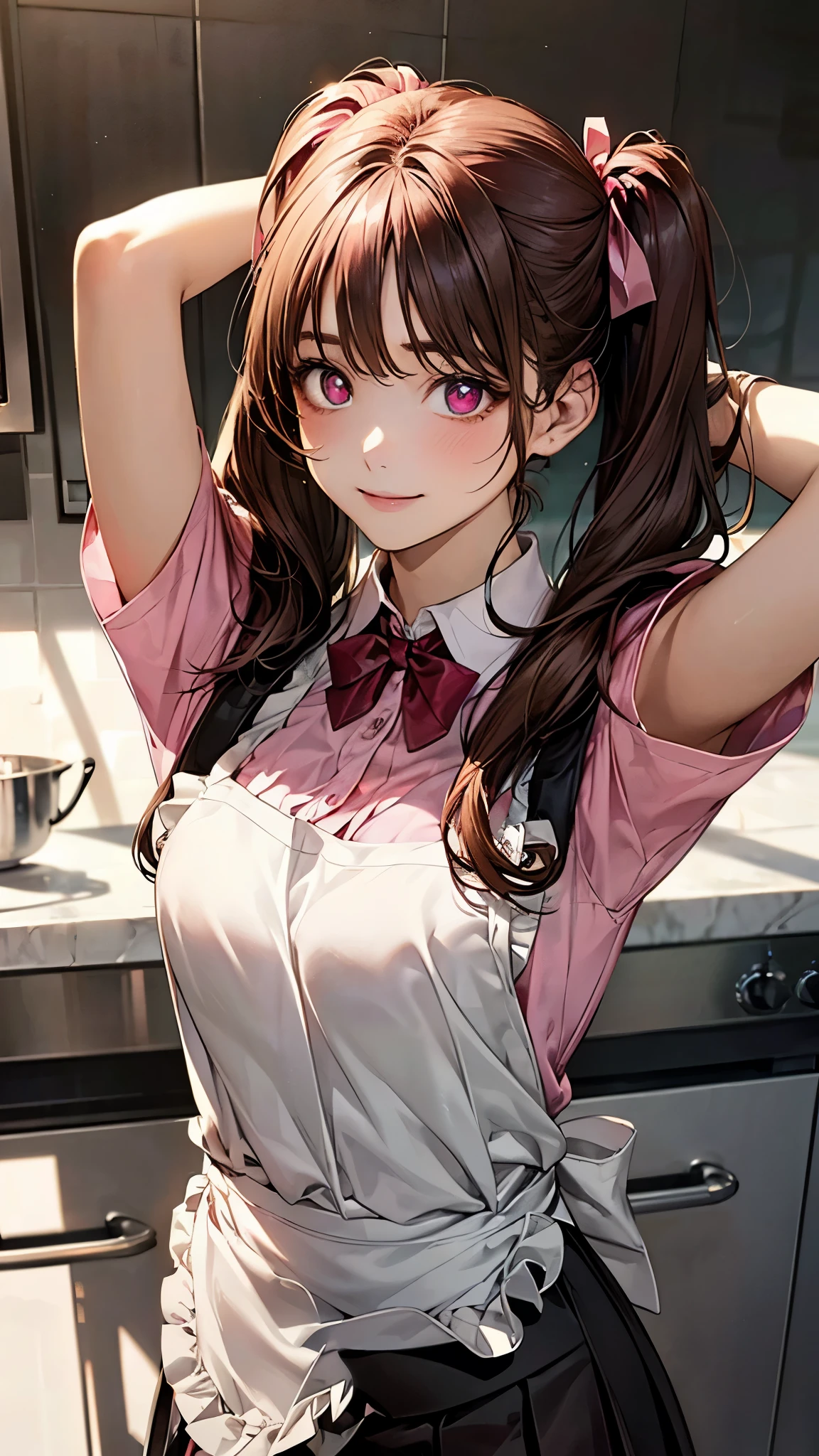 (masterpiece:1.2, top-quality), (realistic, photorealistic:1.4), beautiful illustration, (natural side lighting, movie lighting), nsfw, 
looking at viewer, (face focus, upper body), 1 girl, japanese, high school girl, perfect face, cute and symmetrical face, shiny skin, 
(long hair:1.5, twintails:1.4, dark brown hair), asymmetrical bangs, dark red eyes, glowing eyes, big eyes, drooping eyes, long eye lasher, (medium breasts), slender, dark red hair ribbon, 
beautiful hair, beautiful face, beautiful detailed eyes, beautiful clavicle, beautiful body, beautiful chest, beautiful thigh, beautiful legs, beautiful fingers, 
((pink ruffled apron, white collared shirts, dark red pleated mini skirt), dark red bow tie), 
(beautiful scenery), evening, (kitchen room), walking, (arms behind head), (lovely smile, upper eyes),