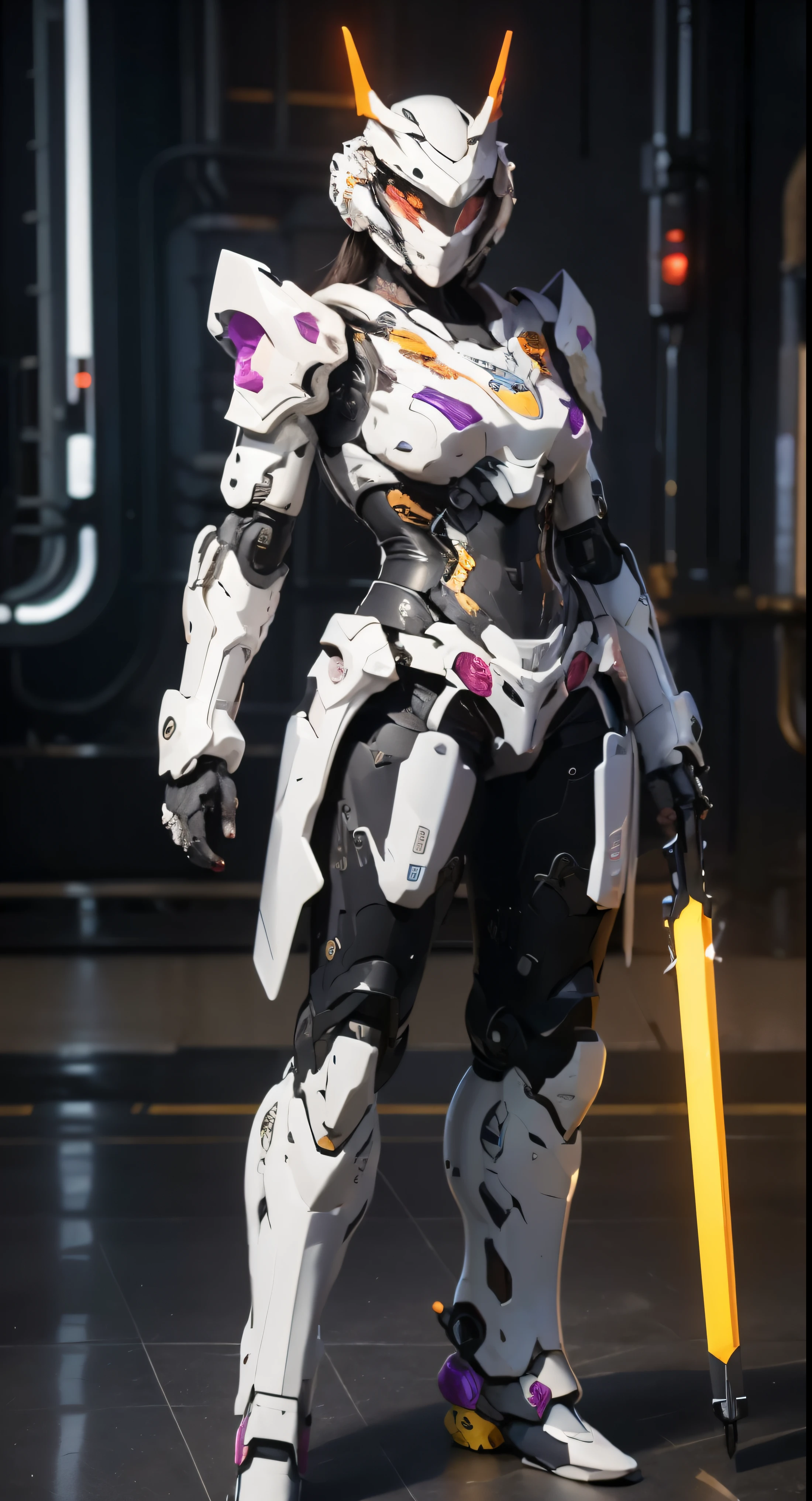 ((tmasterpiece,best qualtiy)), illustratio,1girll,helmet mecha,Large breasts,dynamicposes, ultra-detailed 8K, realisticlying, Clear focus, ighly detailed, profetional lighting, Colorful Detailed, Long shot from rainbow color separation factory, large mechanical robot construction, microchips, a computer, with light glowing, intricate detailes, shitu-mecha, 1girll, wearing mecha, nabel, colorful image, with light glowing, (Cyberpunk Personality),xiaowu, purple